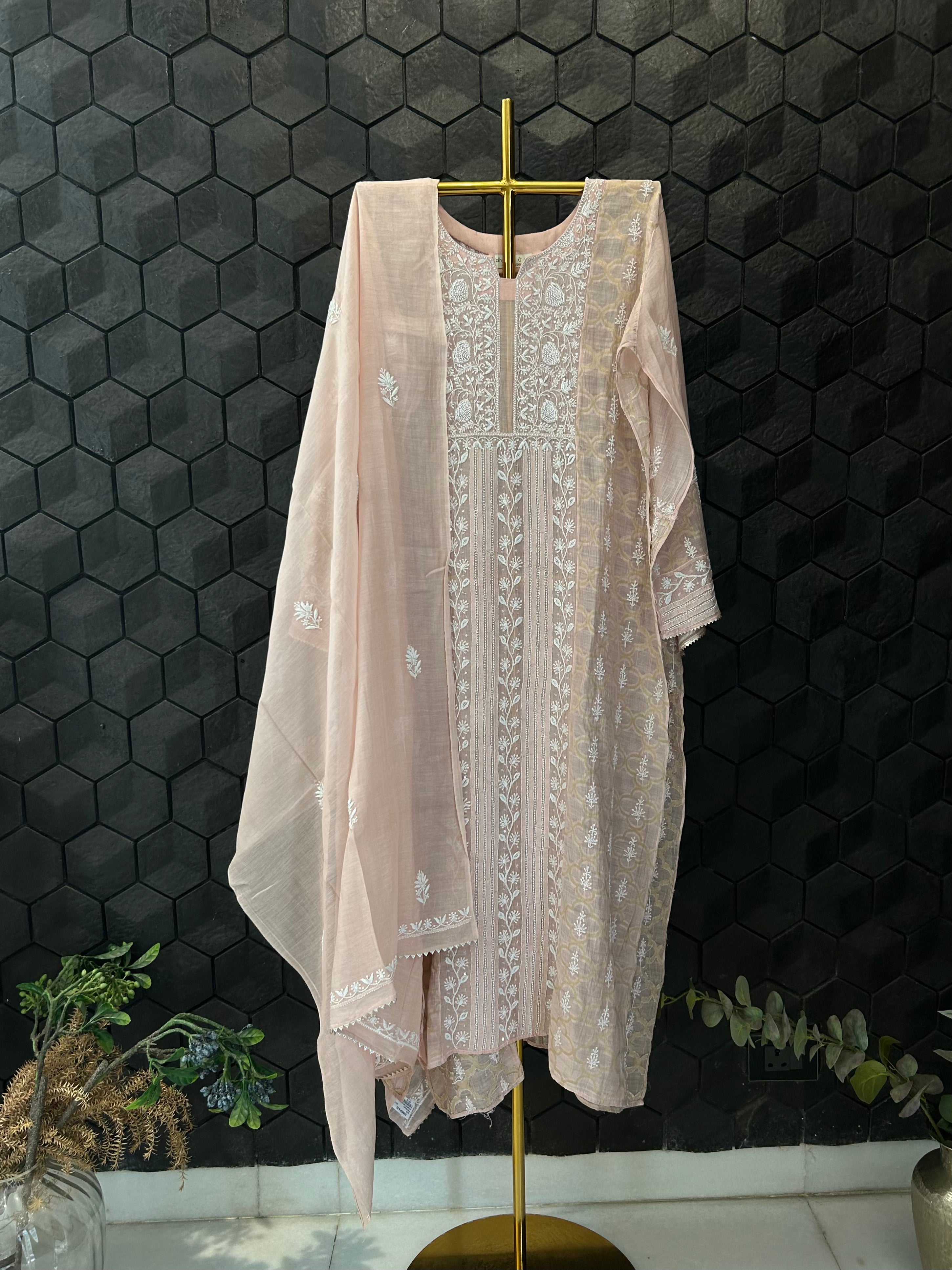 Pink chanderi chikankari Zari suit set