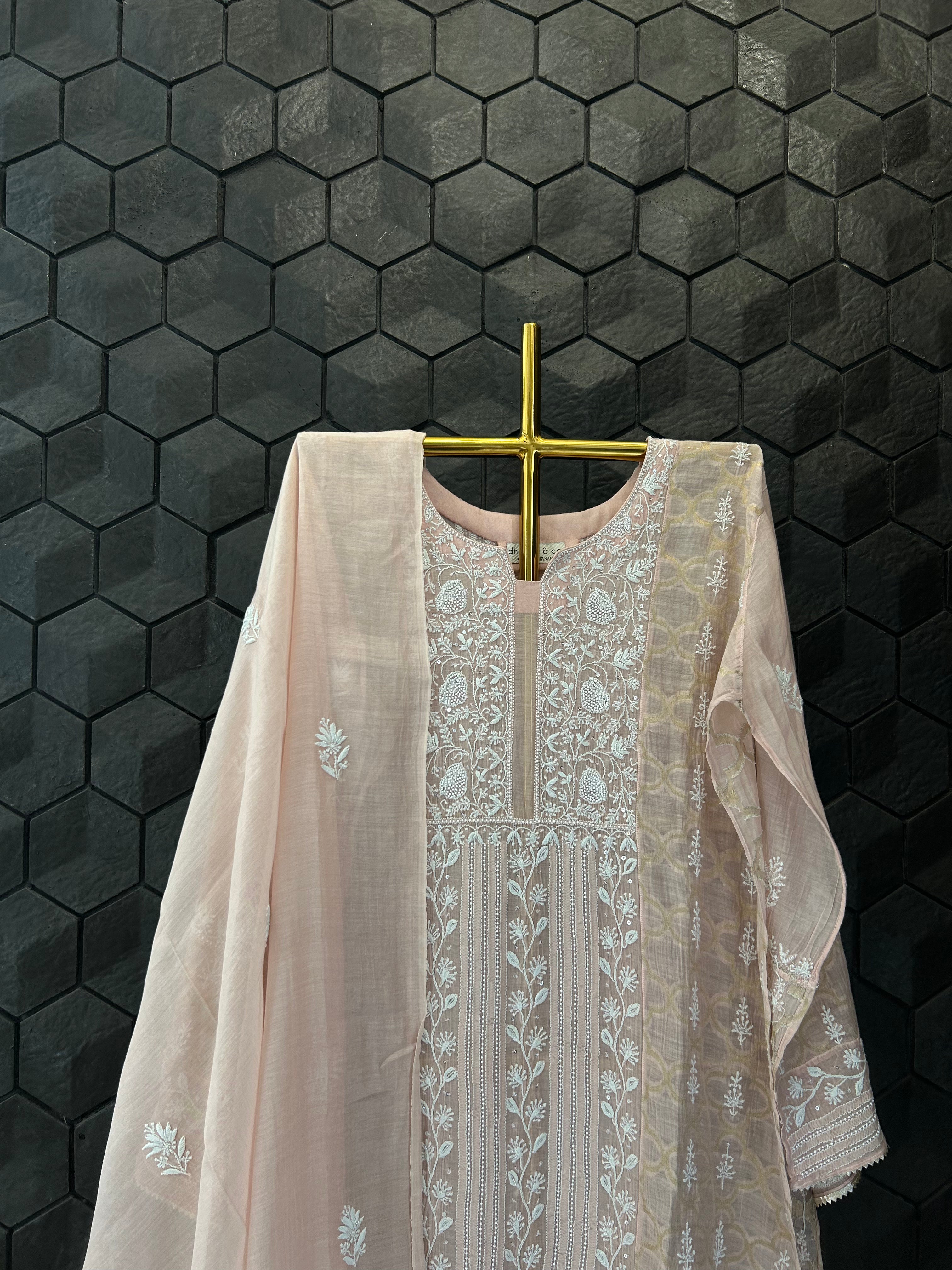 Pink chanderi chikankari Zari suit set