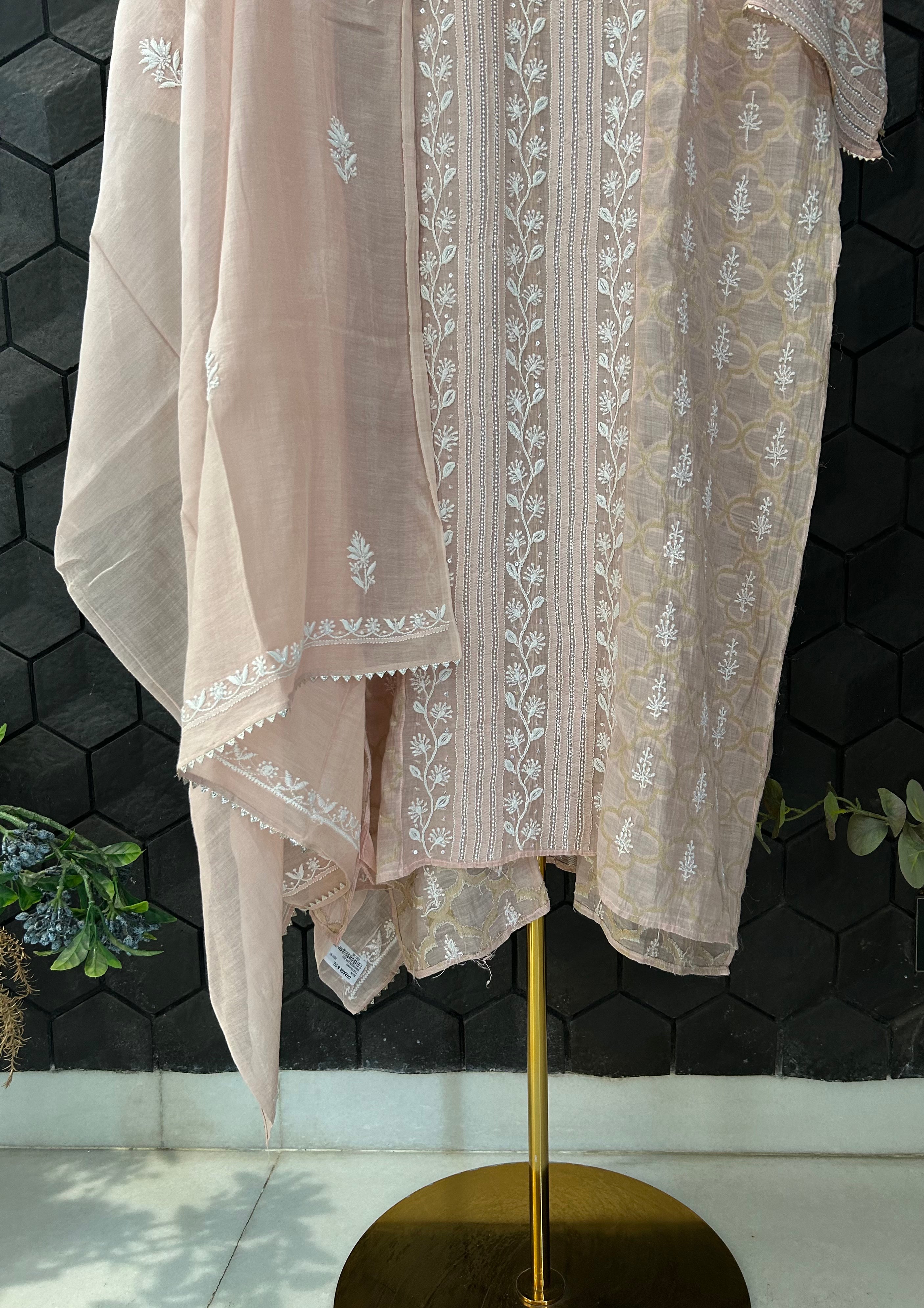 Pink chanderi chikankari Zari suit set