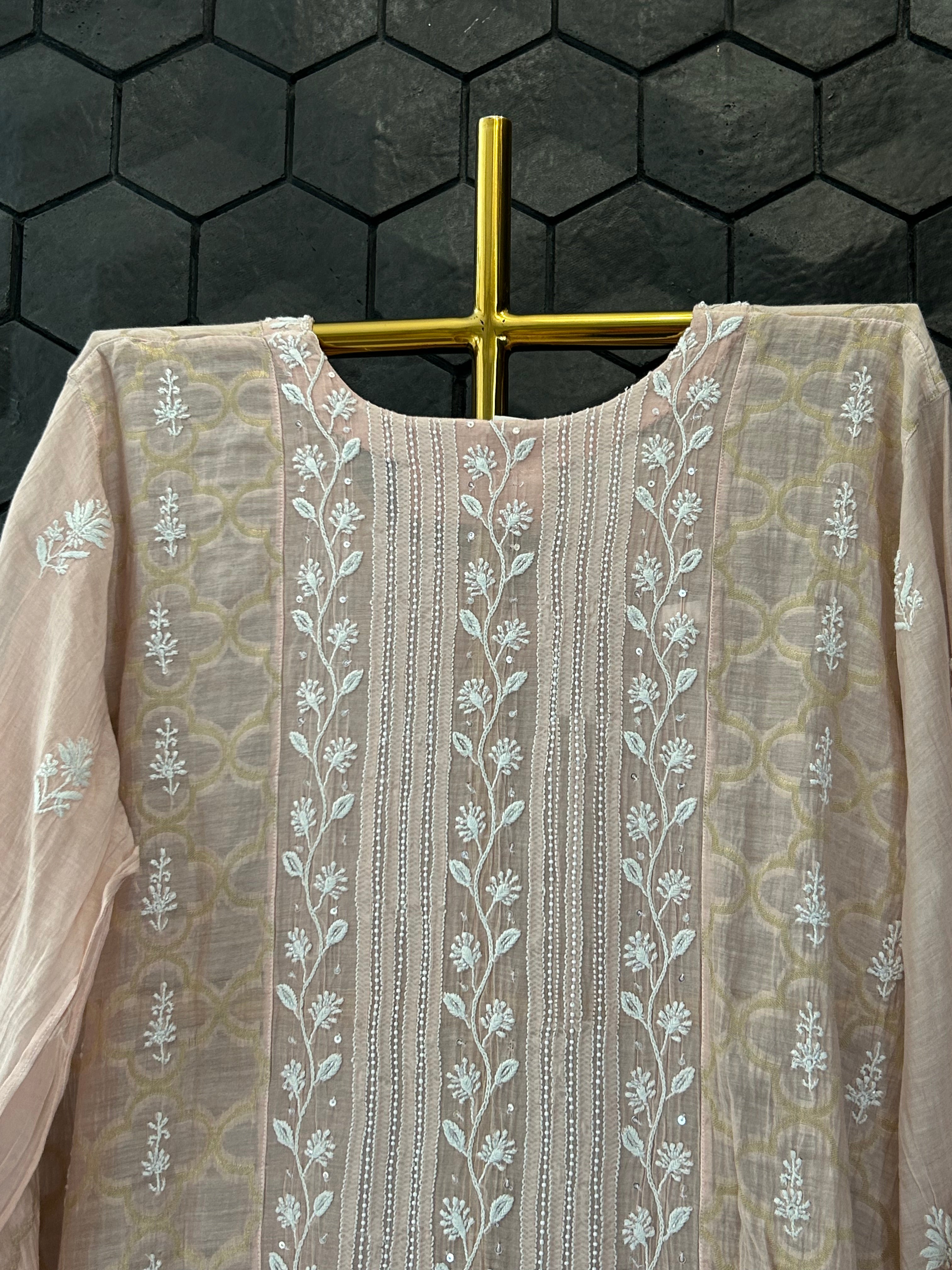 Pink chanderi chikankari Zari suit set