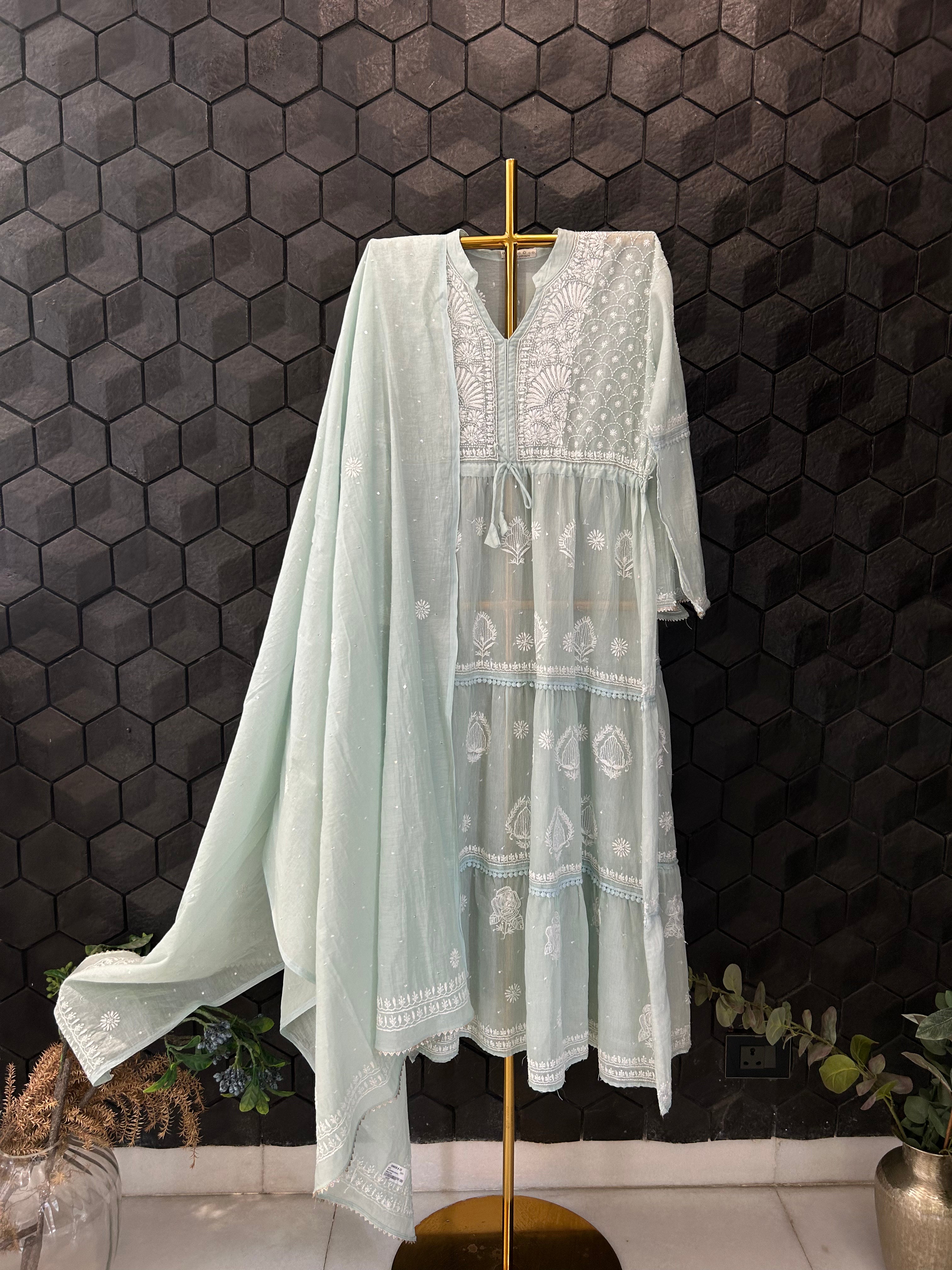 Sea Green Mul Chanderi Chikankari Kurta set