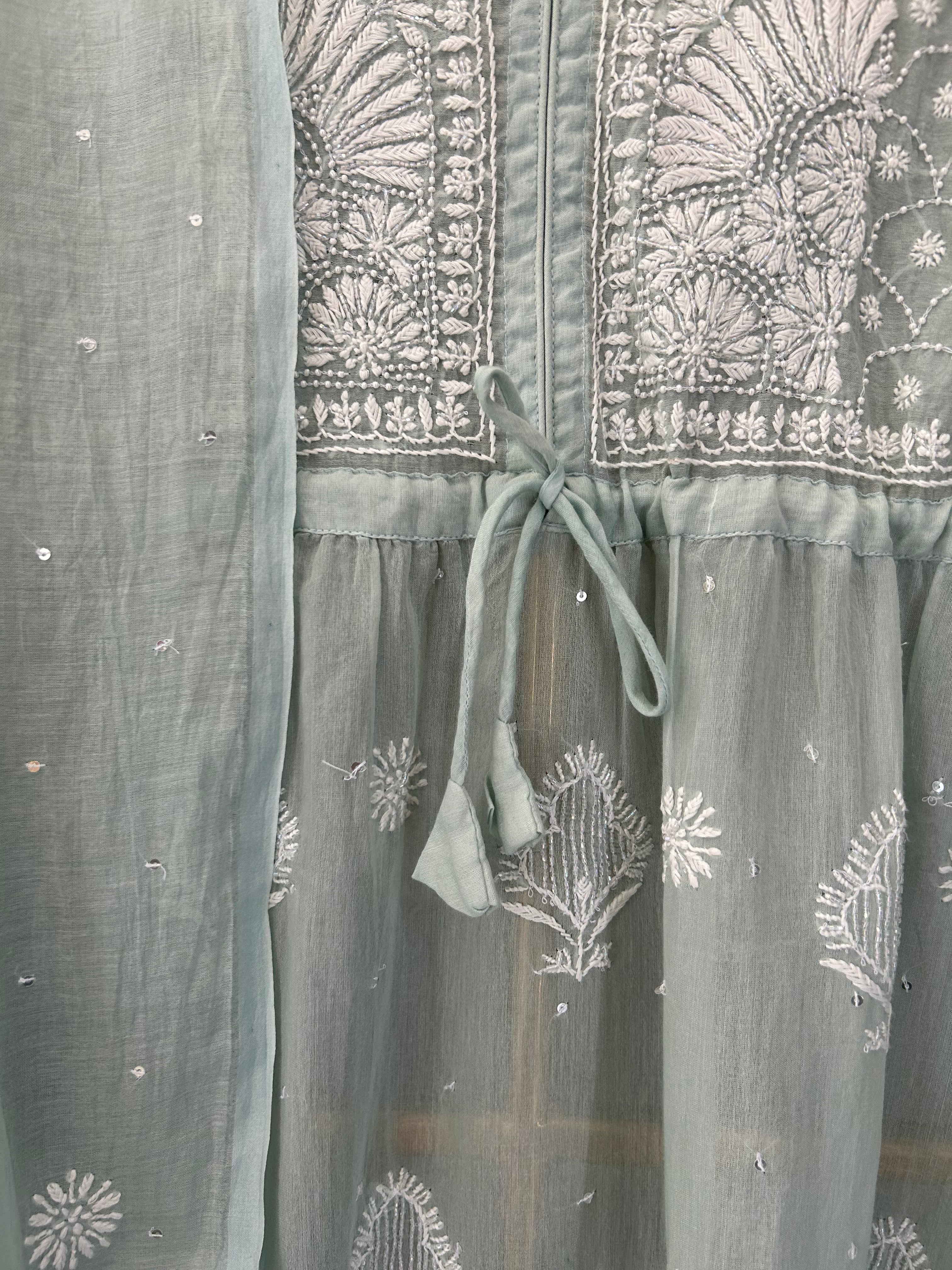 Sea Green Mul Chanderi Chikankari Kurta set