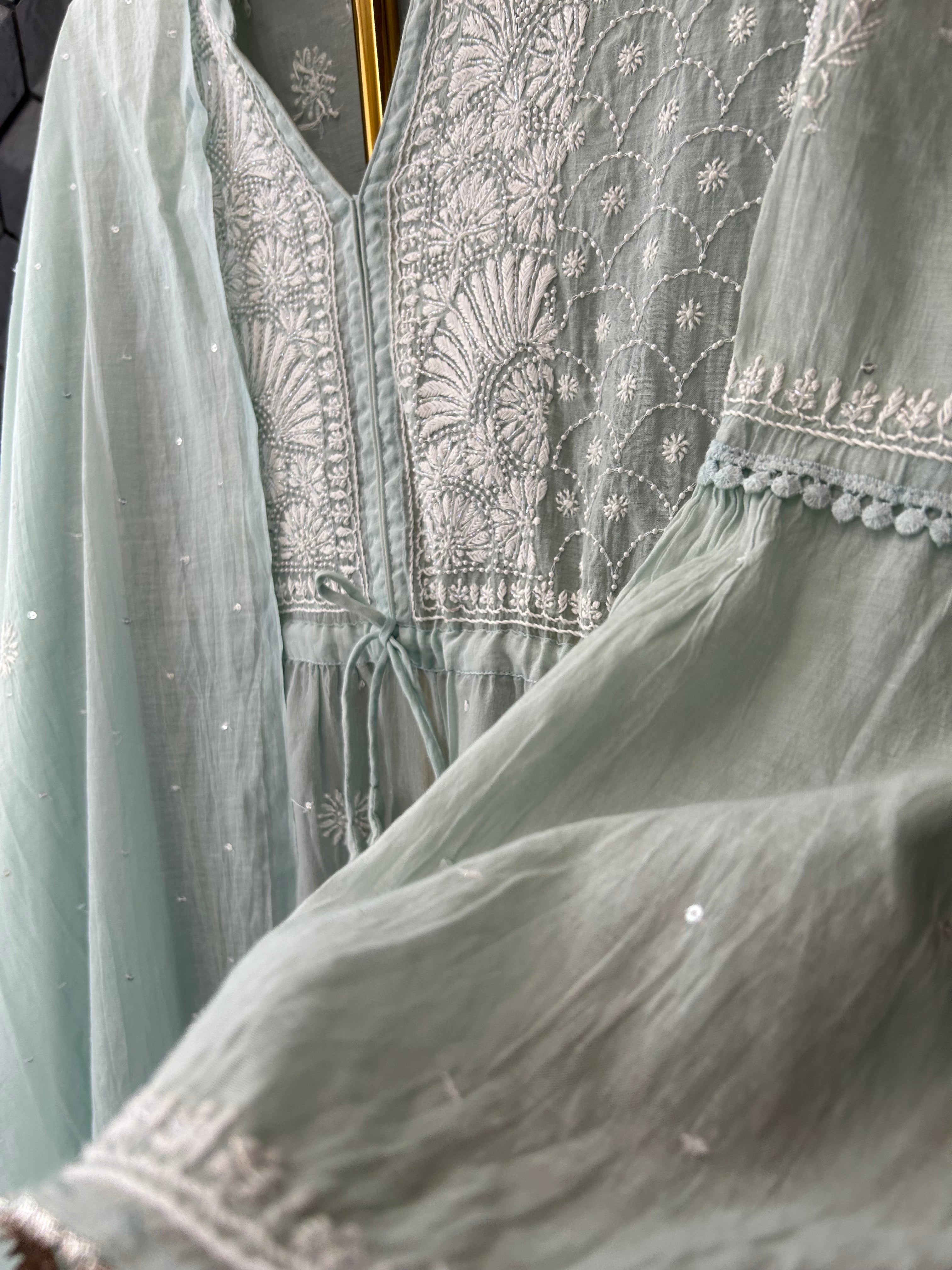 Sea Green Mul Chanderi Chikankari Kurta set