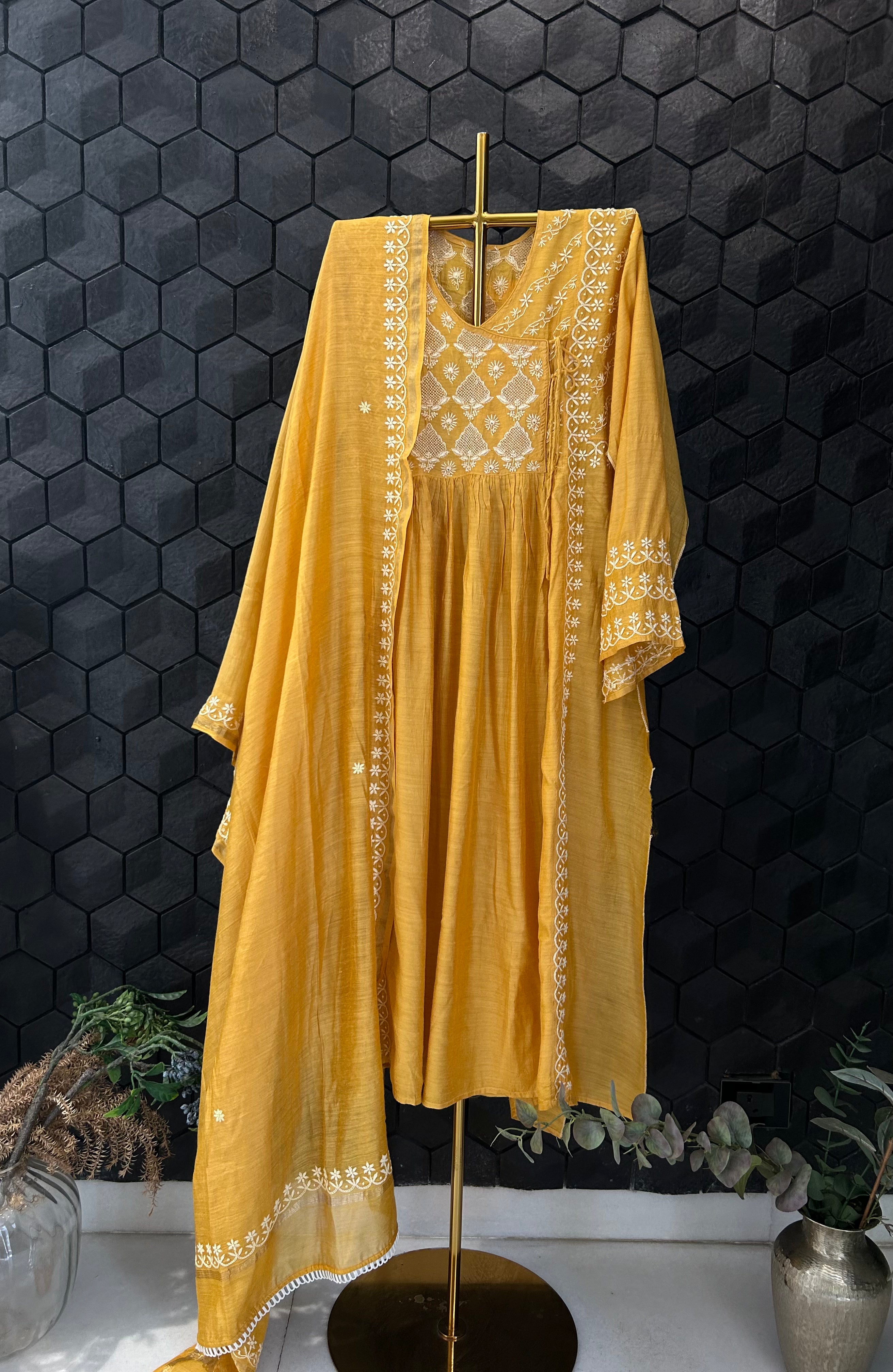 Mustard Moonga Silk Chikankari Angarkha Set