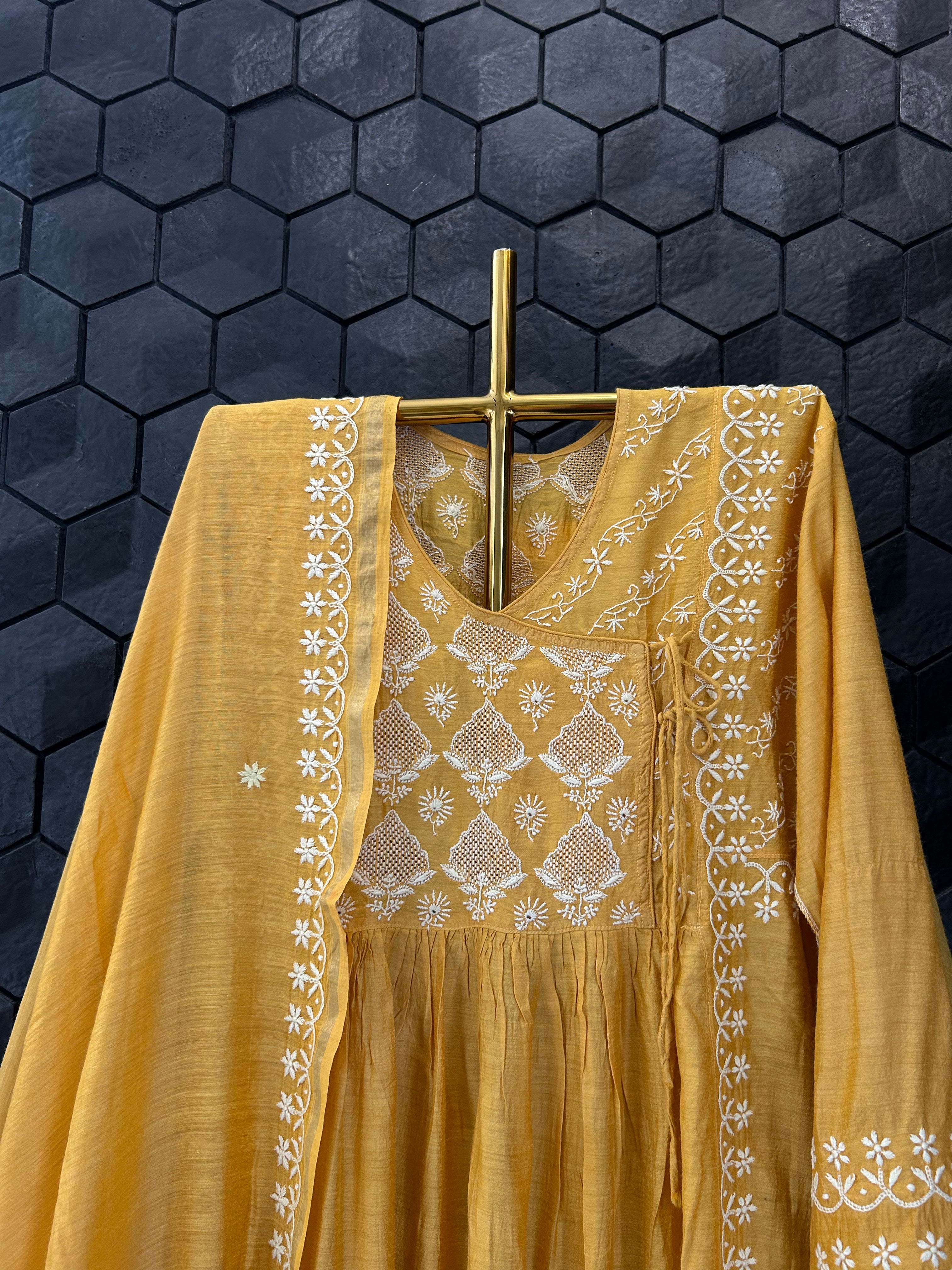 Mustard Moonga Silk Chikankari Angarkha Set