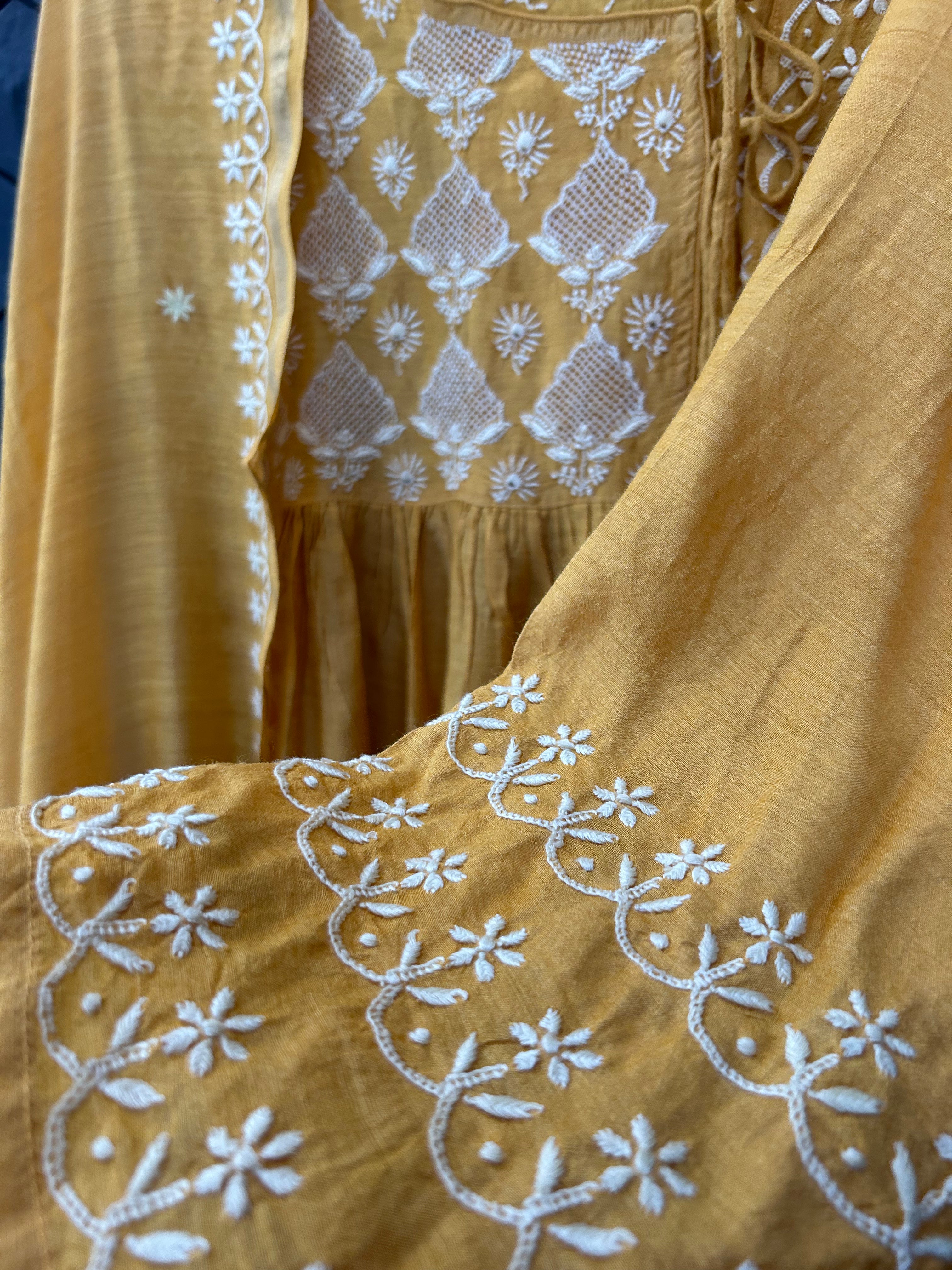 Mustard Moonga Silk Chikankari Angarkha Set