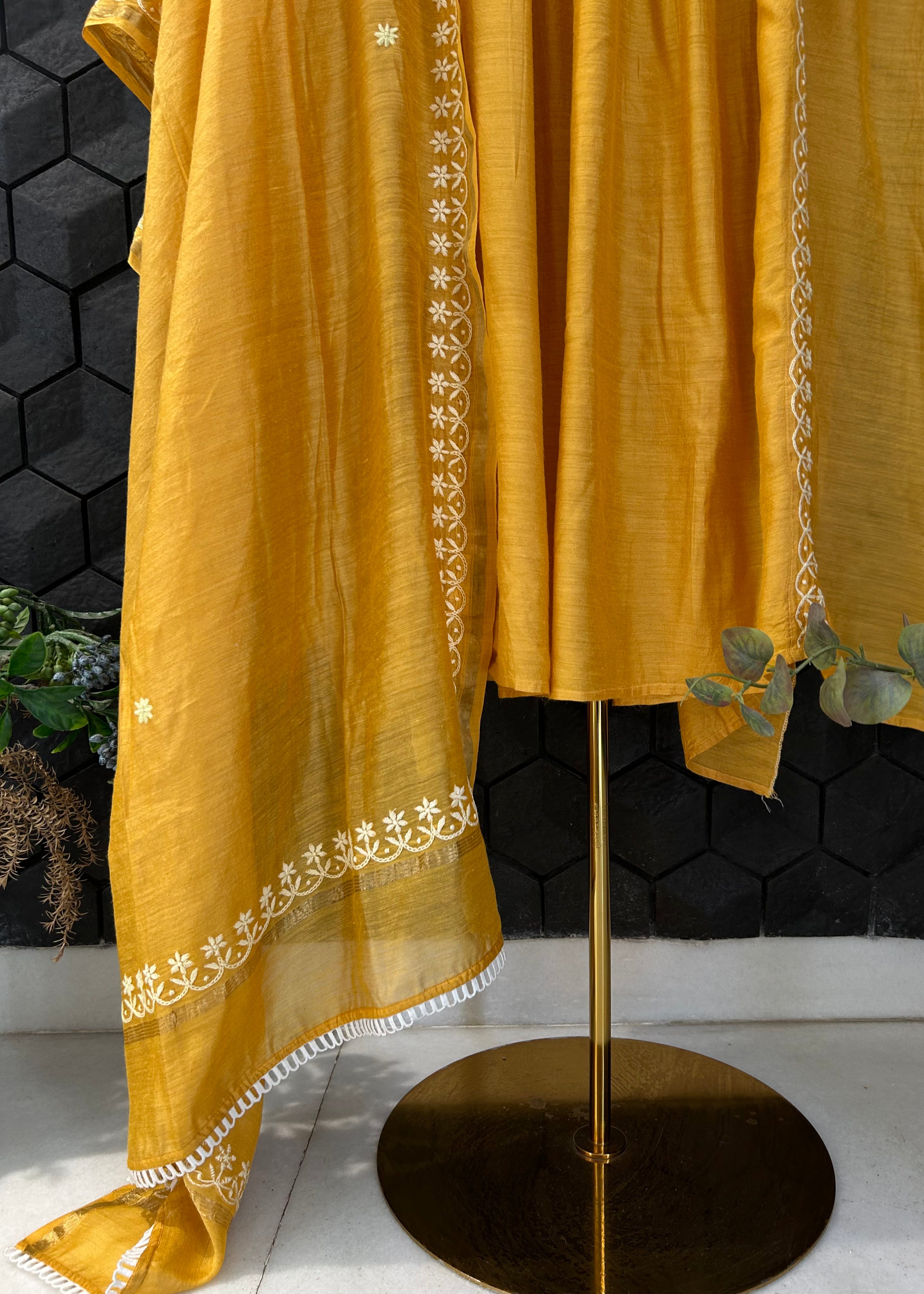 Mustard Moonga Silk Chikankari Angarkha Set