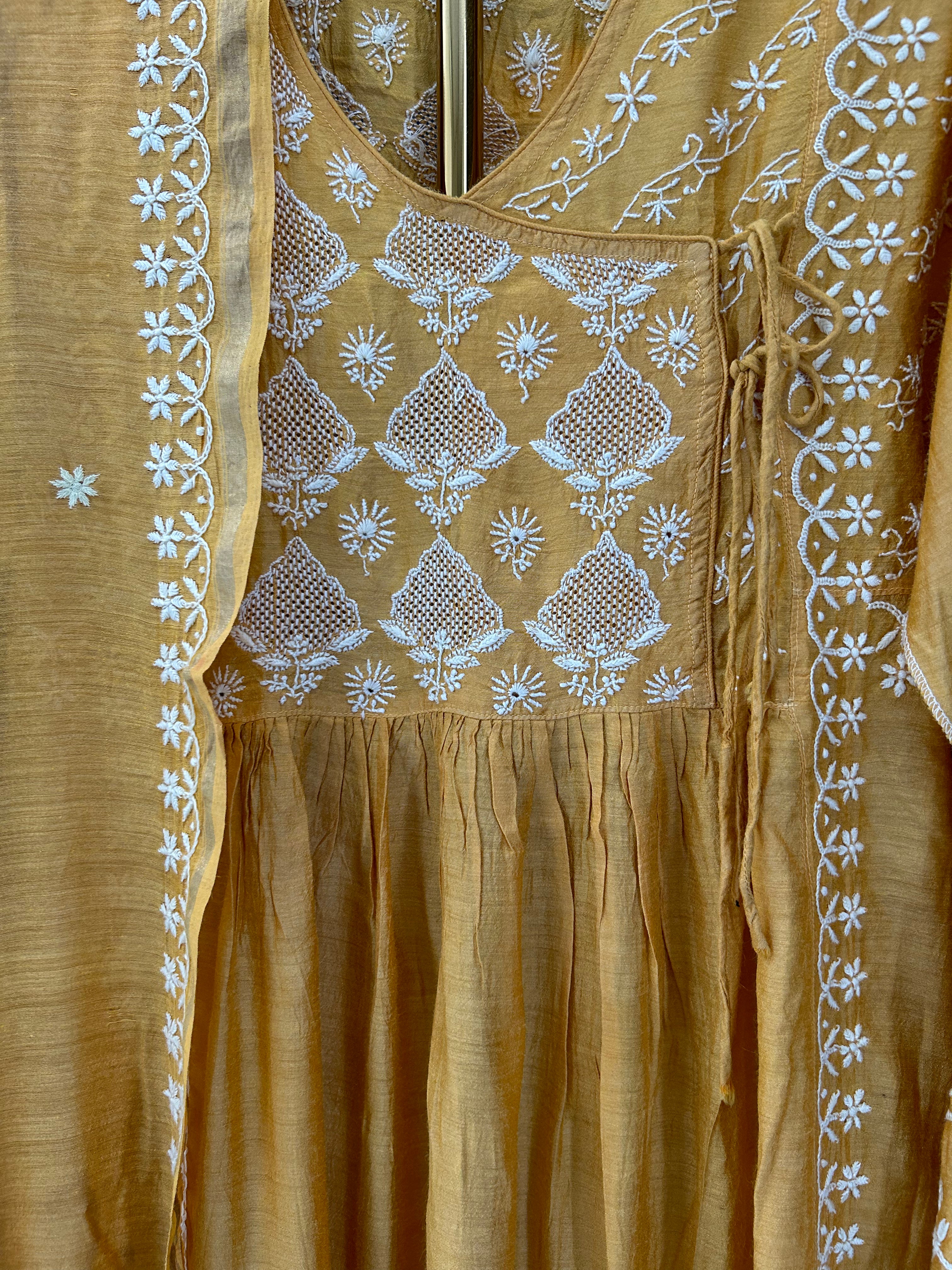 Mustard Moonga Silk Chikankari Angarkha Set