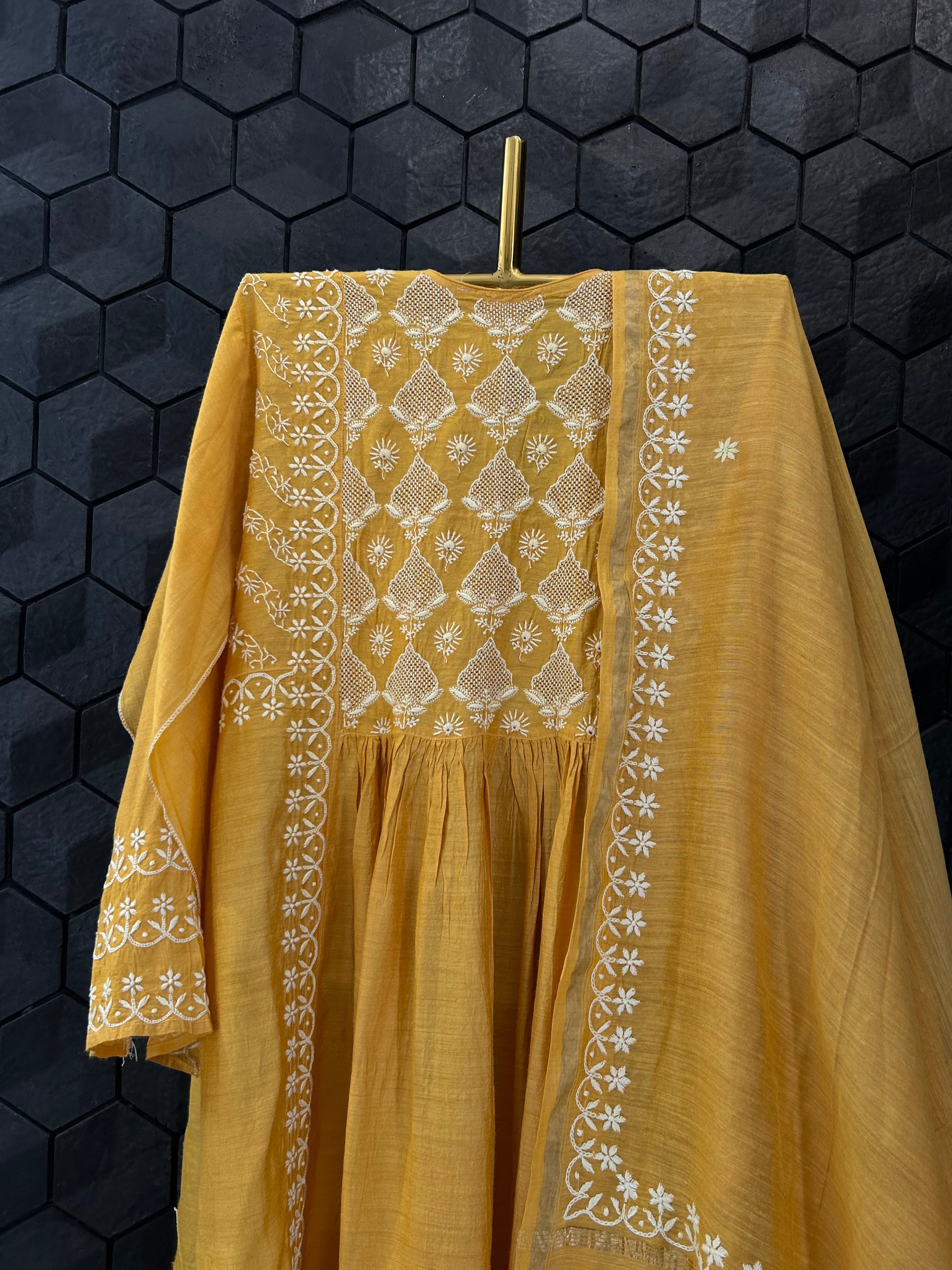 Mustard Moonga Silk Chikankari Angarkha Set