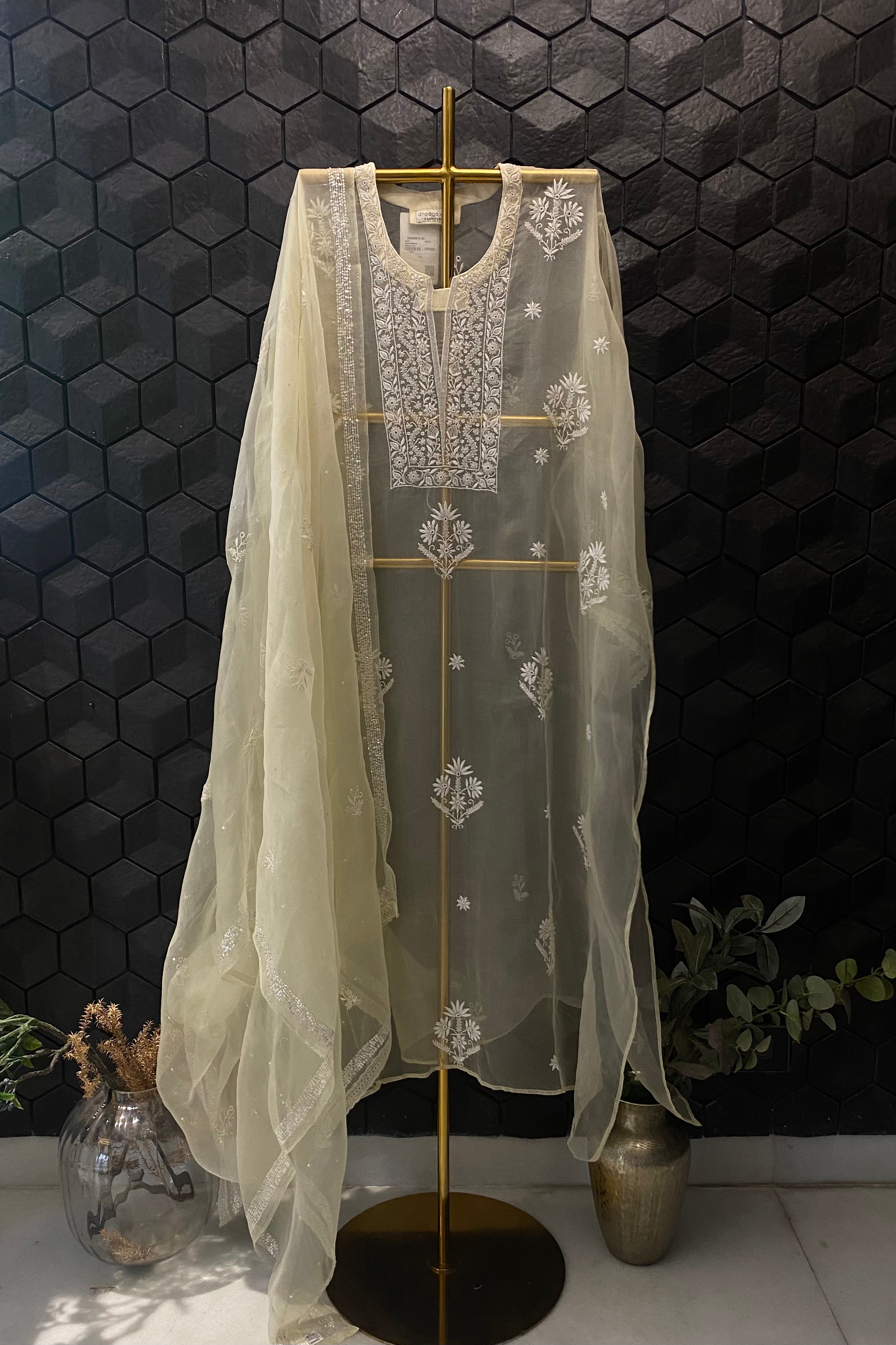 Cream Organza Chikankari kurta Set