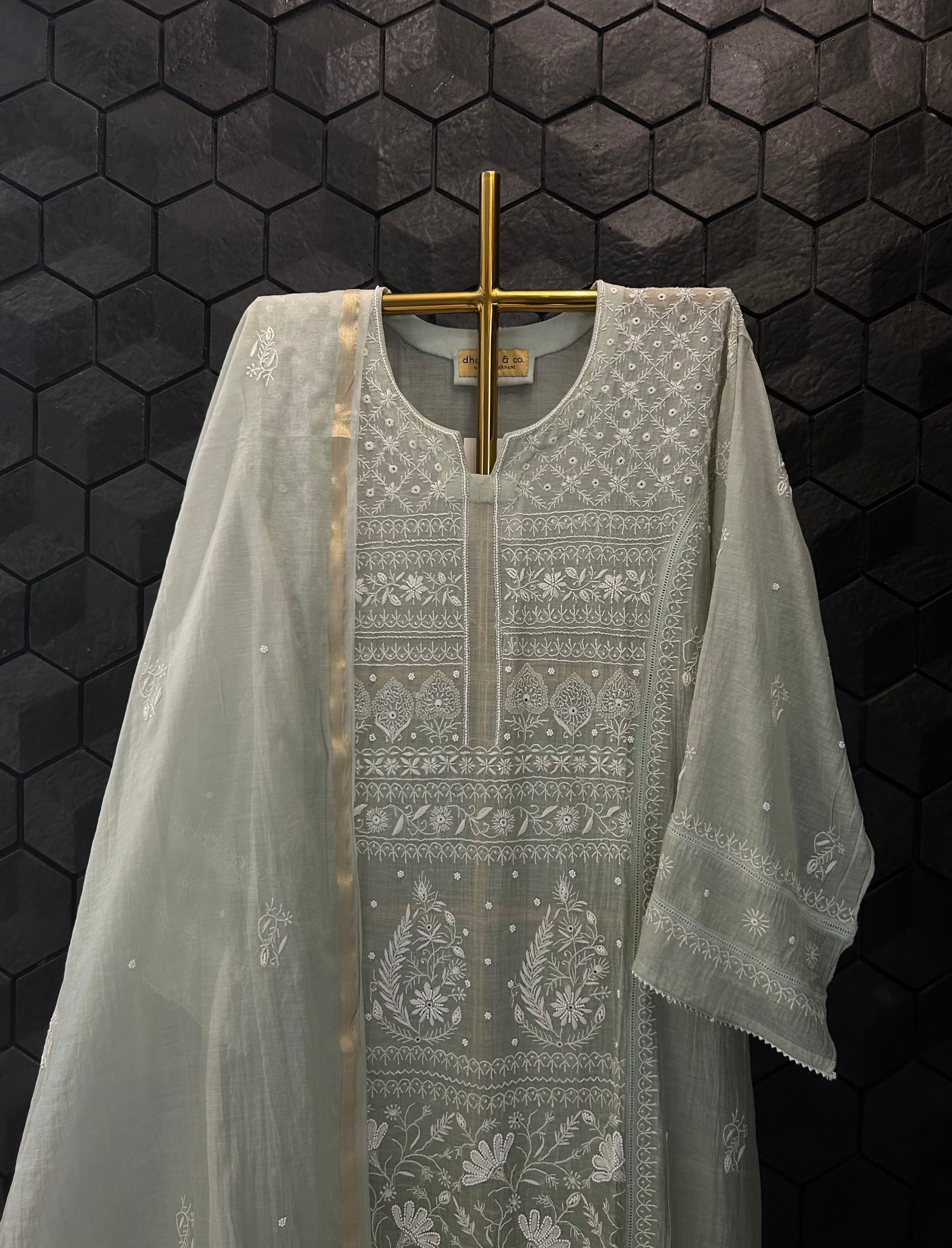 Pista Green Mul Chanderi Chikankari kurta set