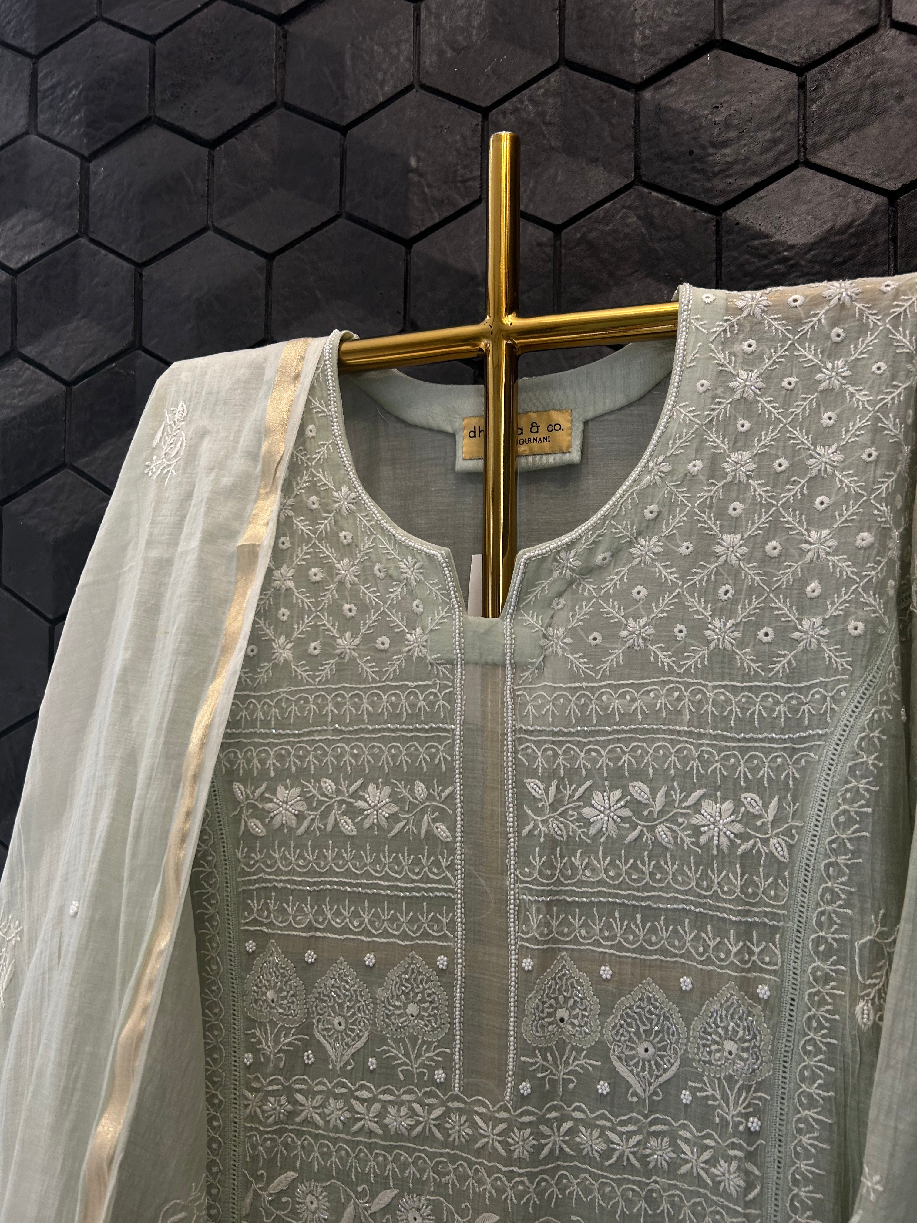 Pista Green Mul Chanderi Chikankari kurta set