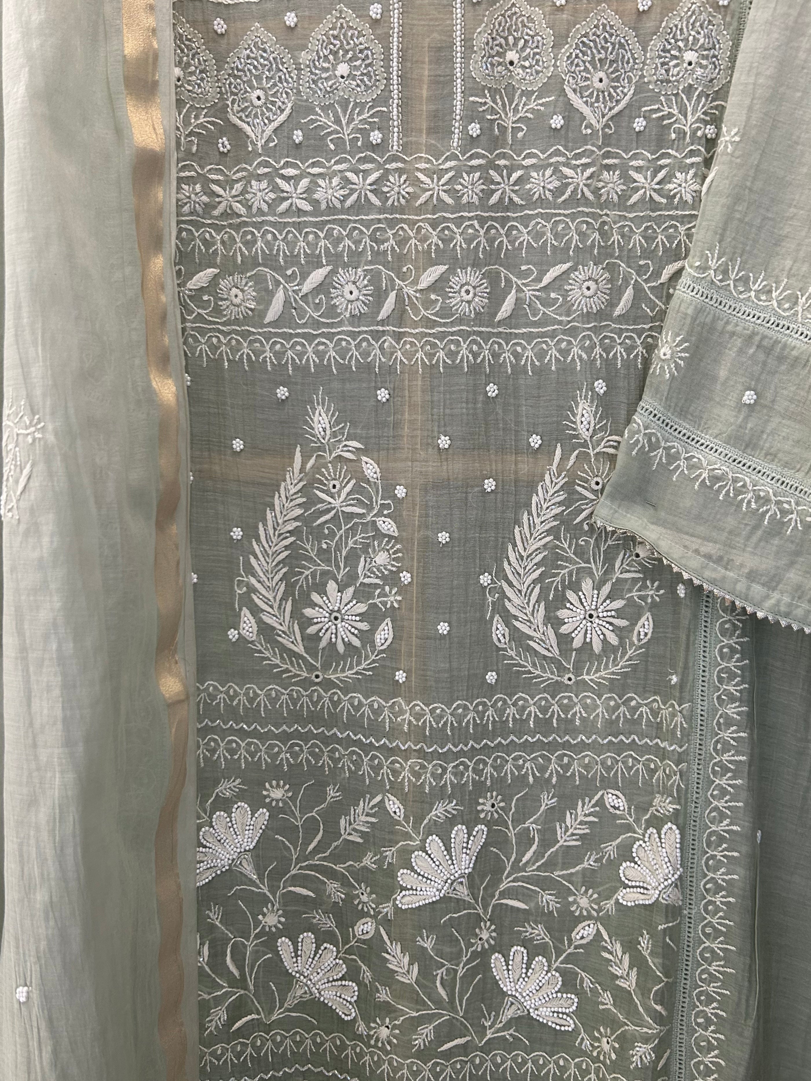 Pista Green Mul Chanderi Chikankari kurta set