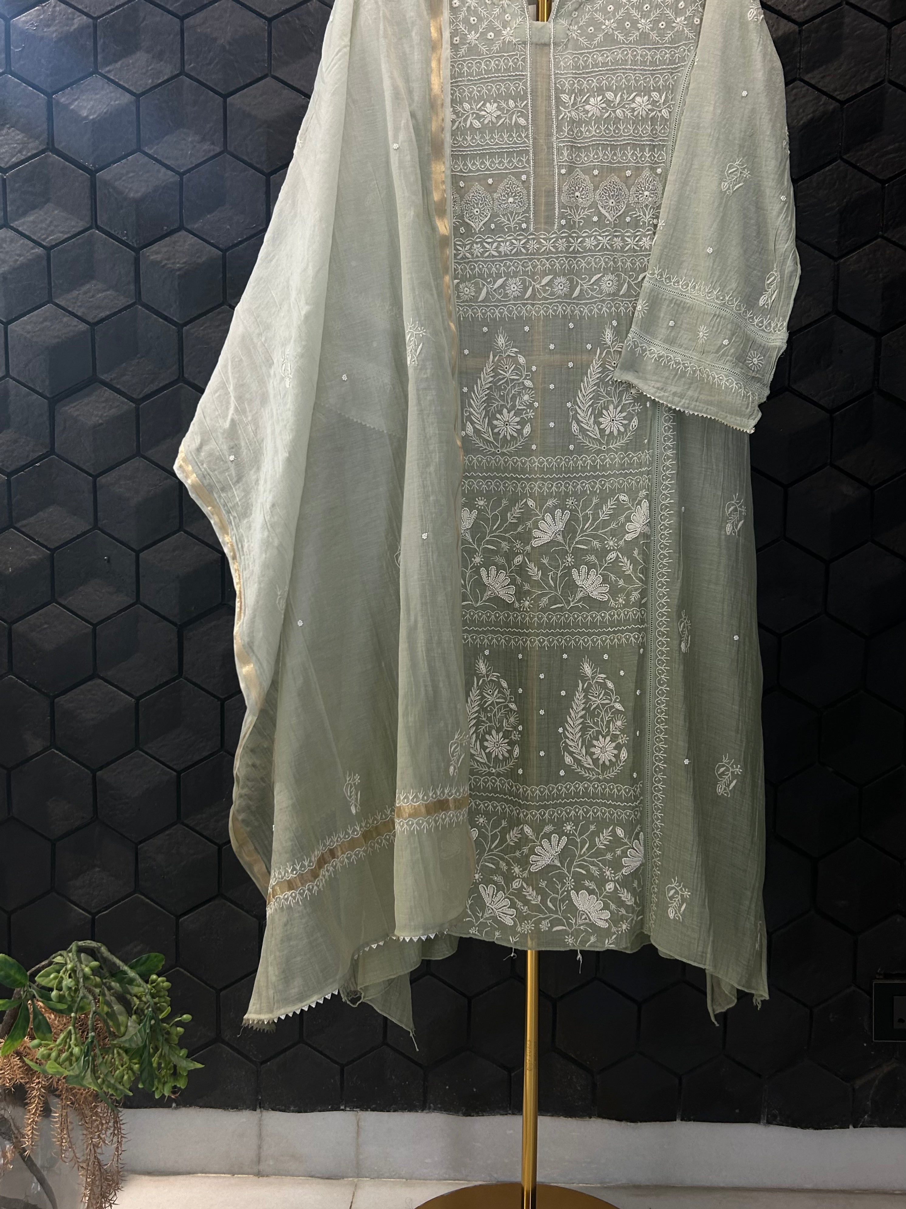 Pista Green Mul Chanderi Chikankari kurta set