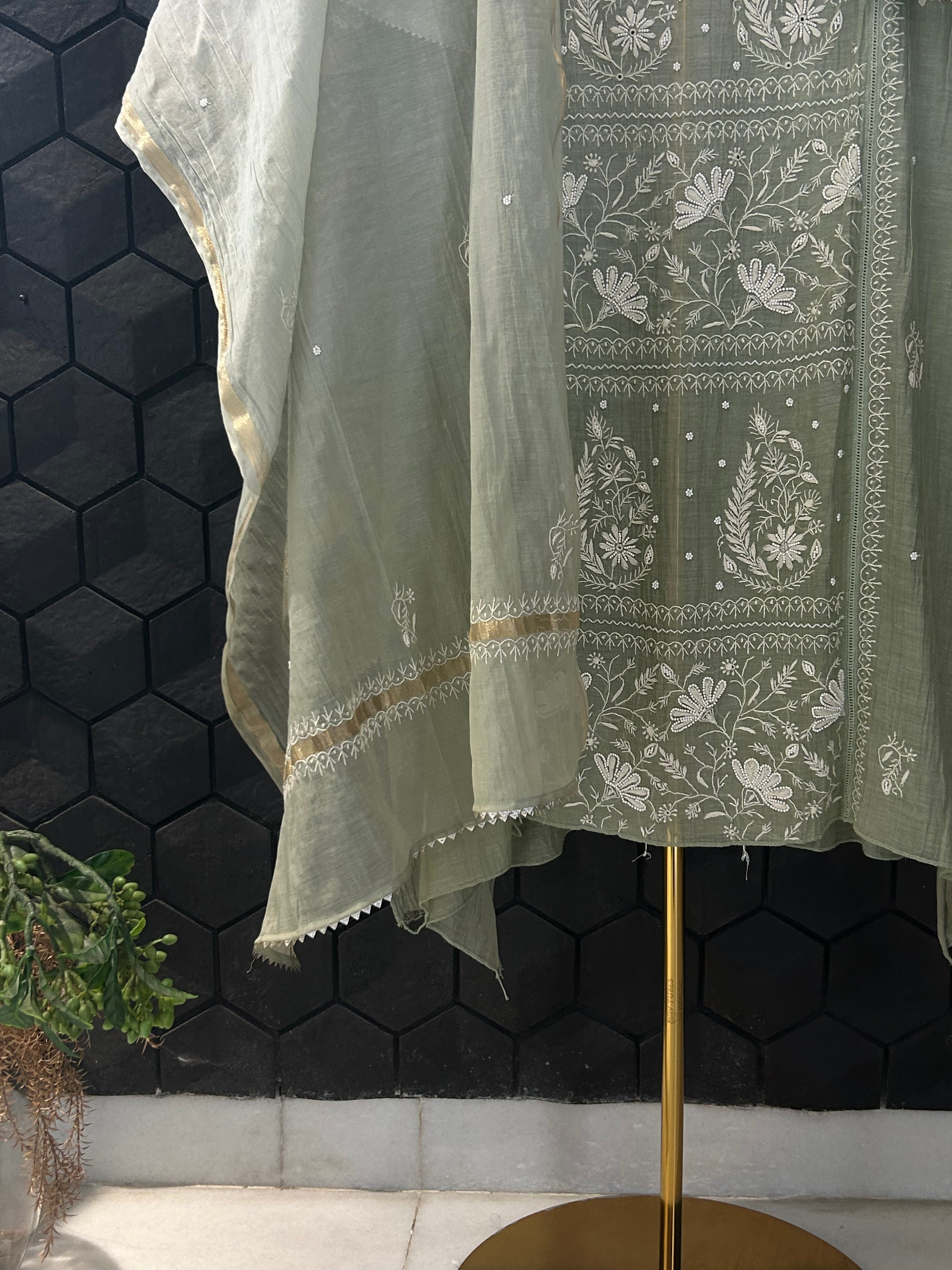 Pista Green Mul Chanderi Chikankari kurta set