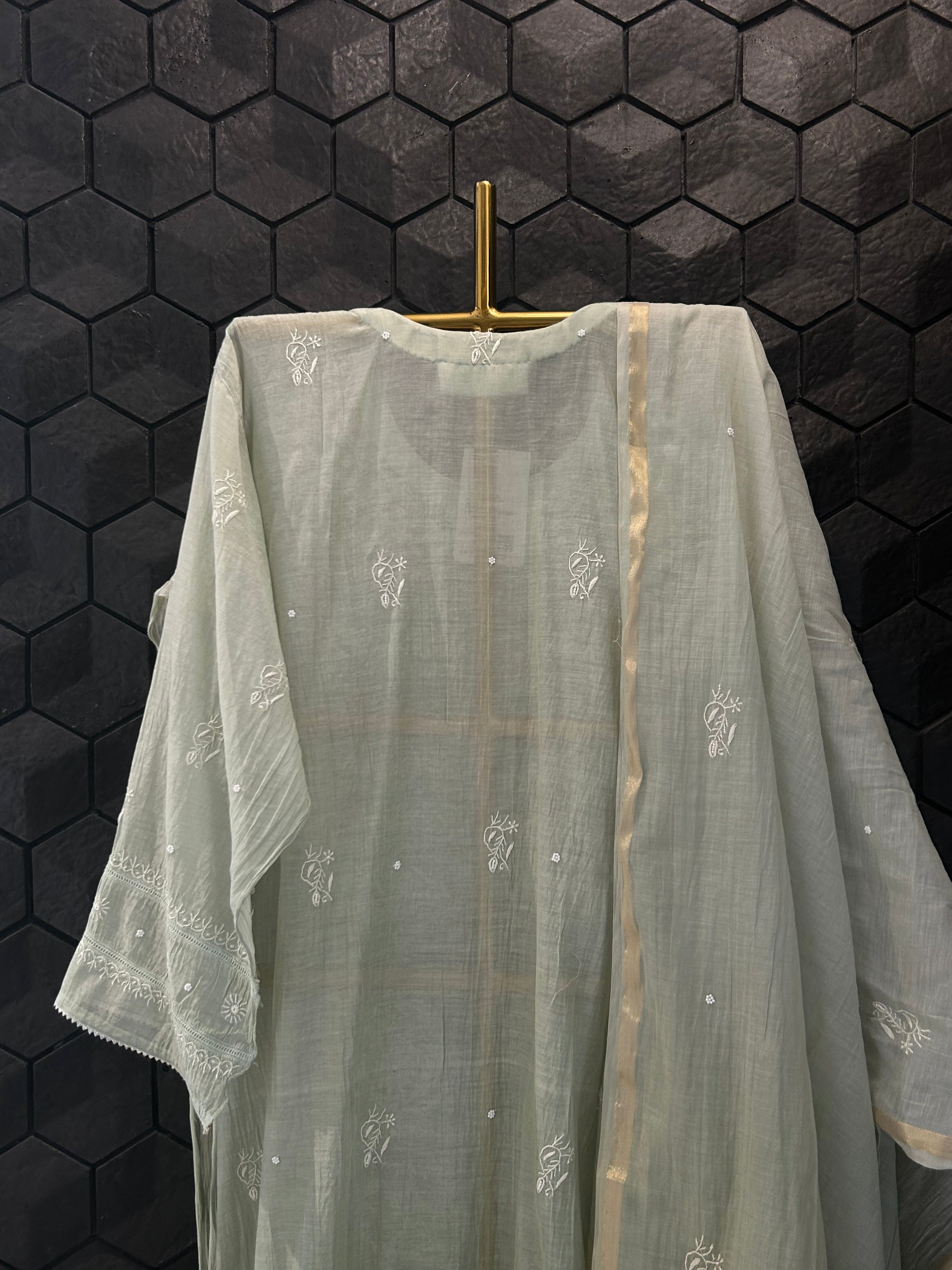 Pista Green Mul Chanderi Chikankari kurta set