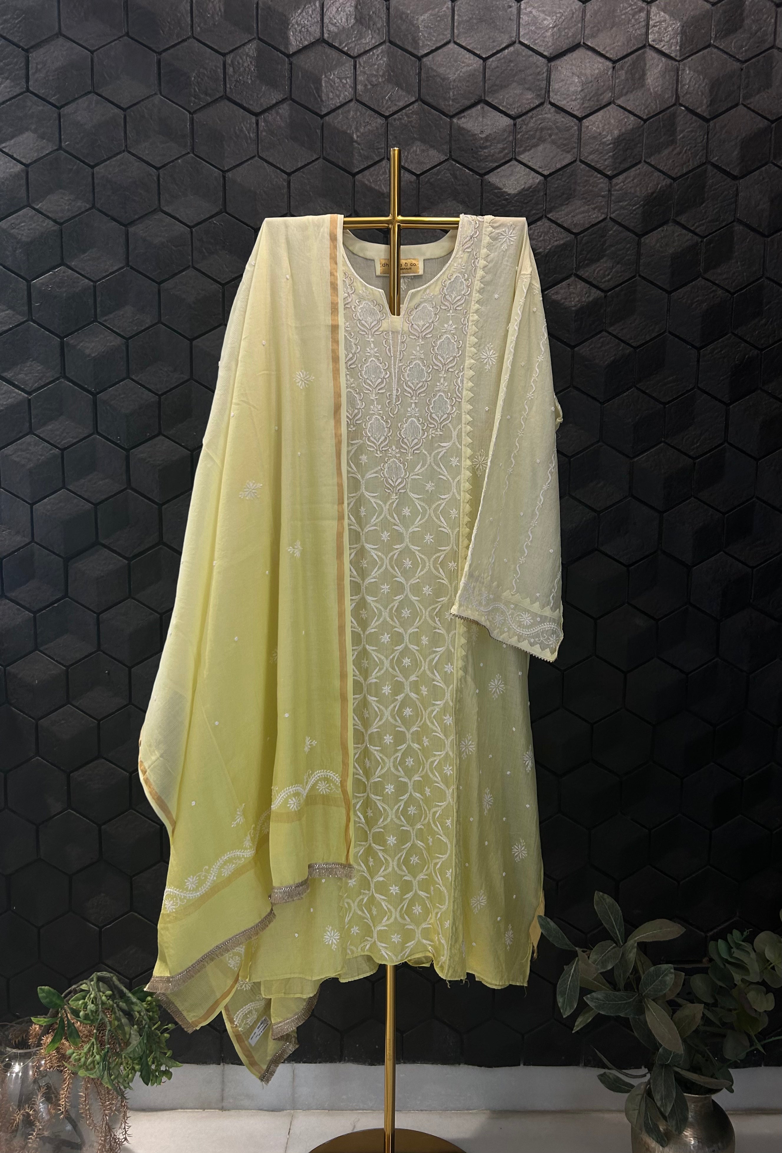 Lime Green Maheshwari Chikankari Kurta Set