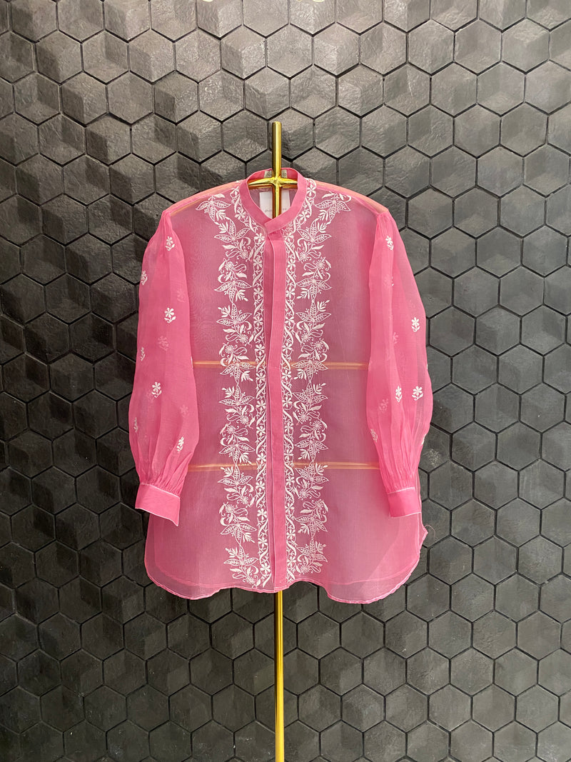 Pink organza chikankari shirt