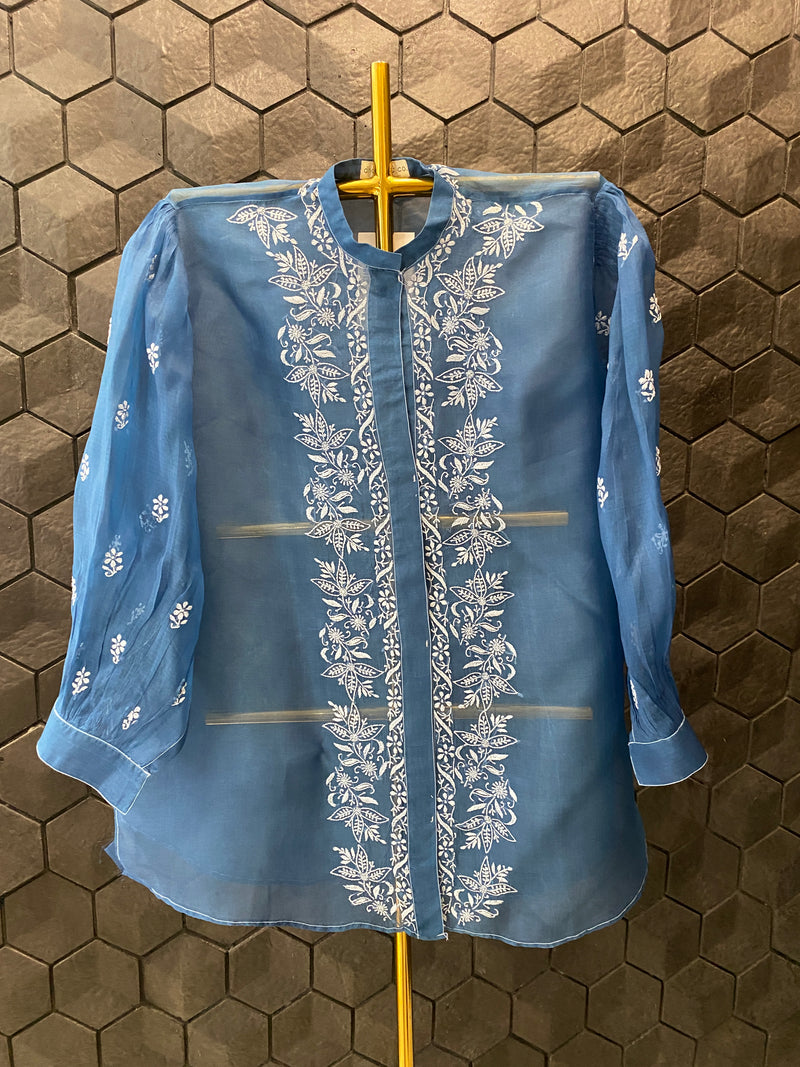 Cobalt Blue organza chikankari shirt