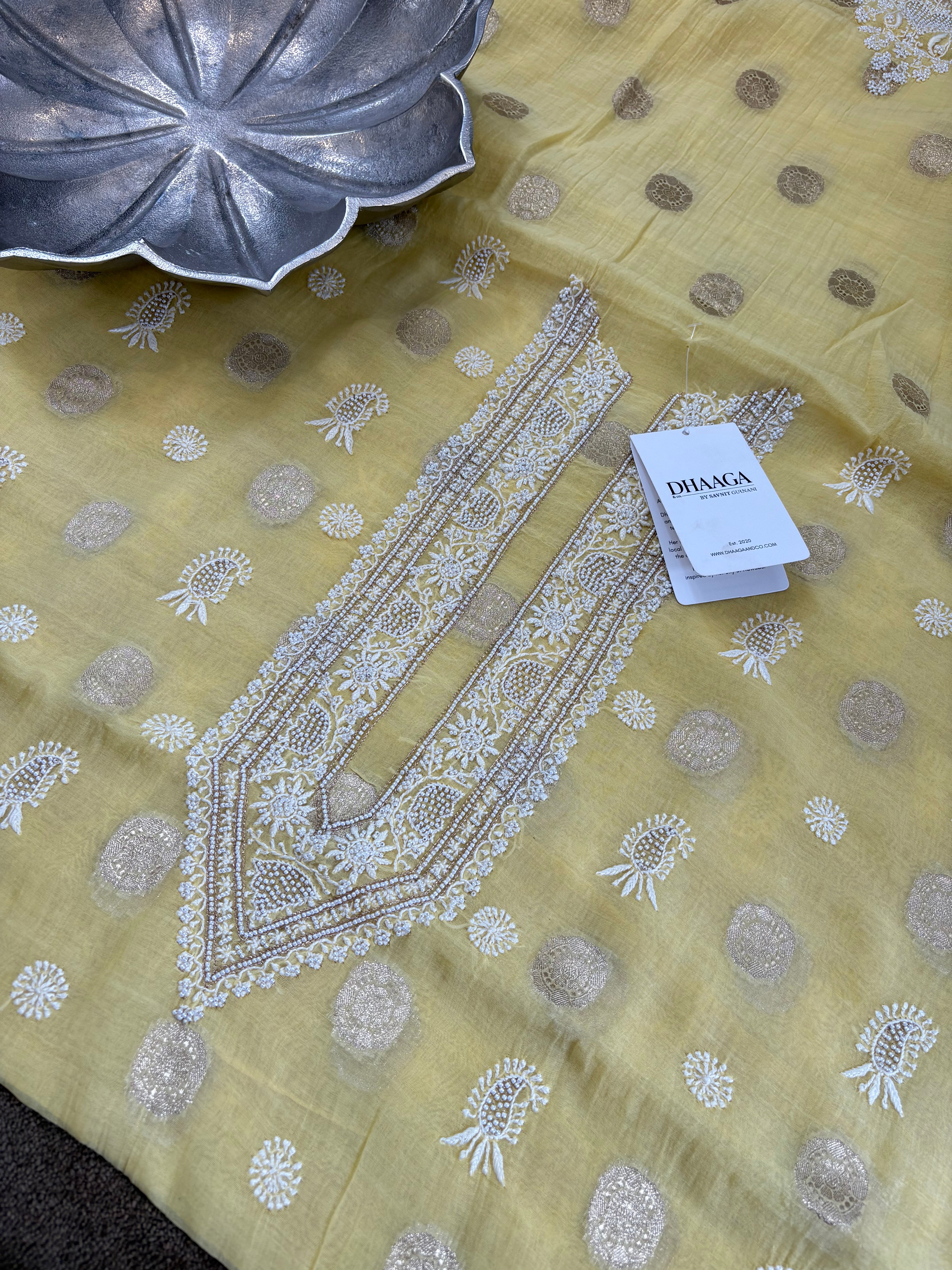 Yellow mul chanderi chikankari mens kurta