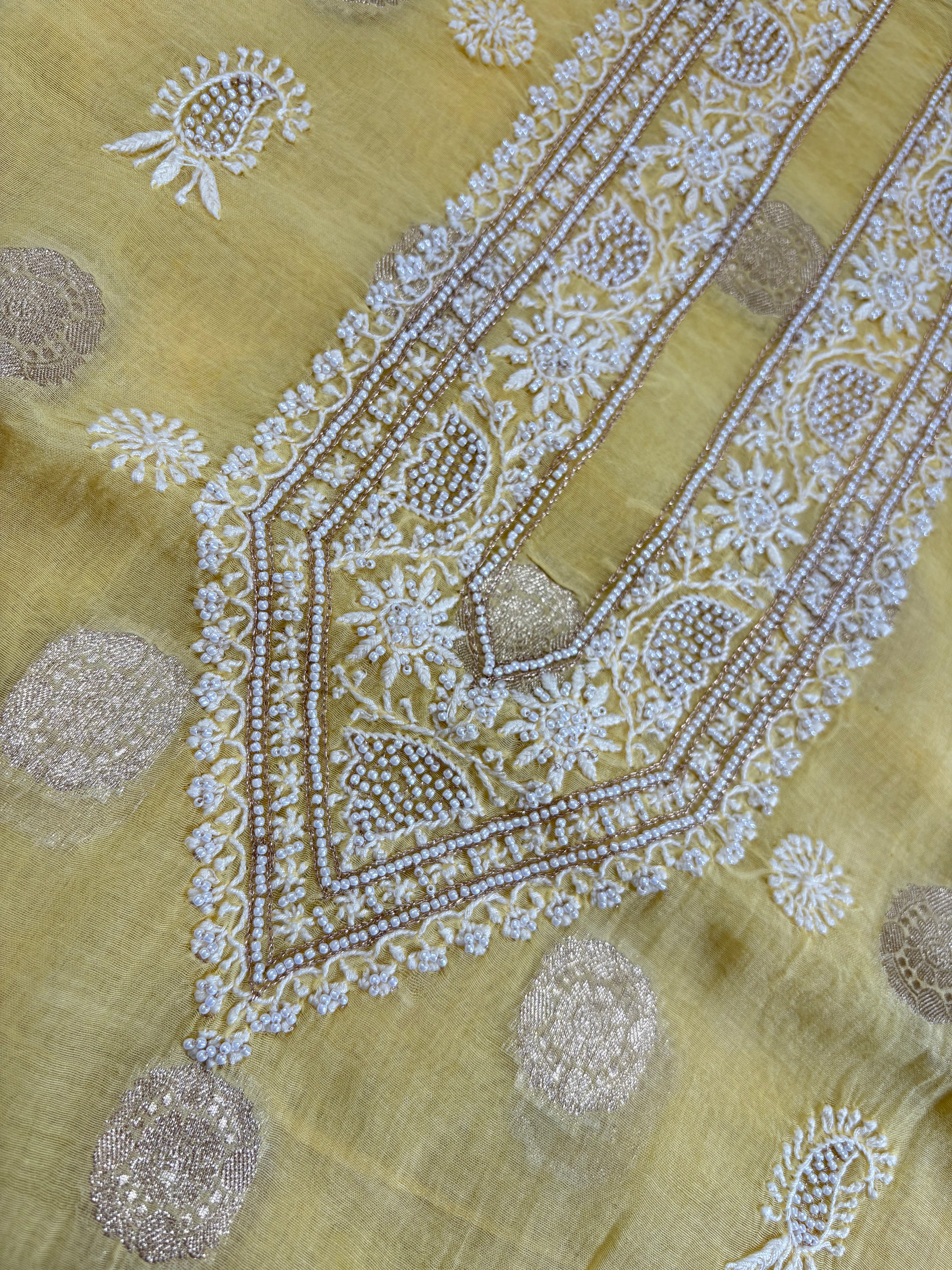 Yellow mul chanderi chikankari mens kurta