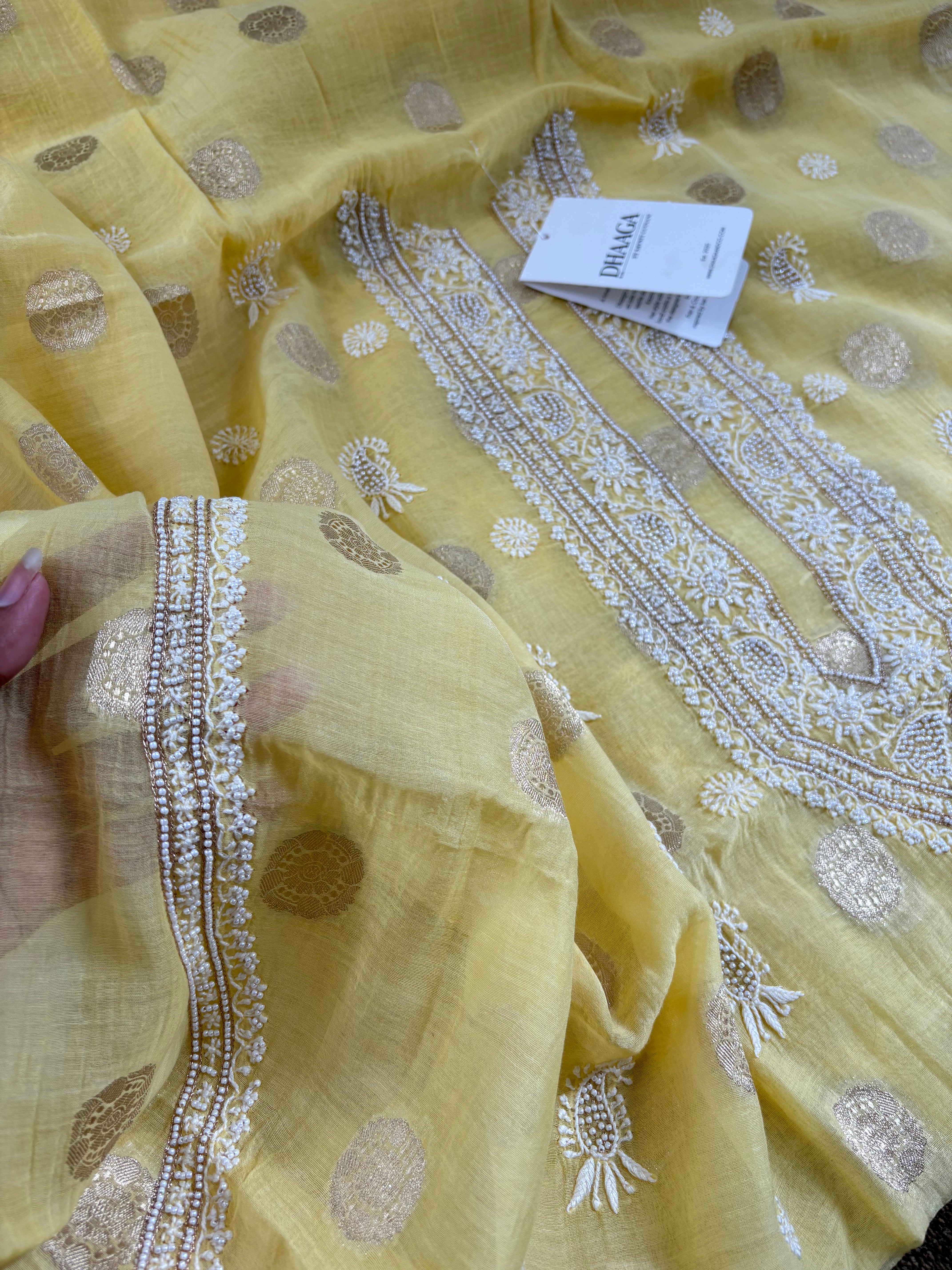 Yellow mul chanderi chikankari mens kurta