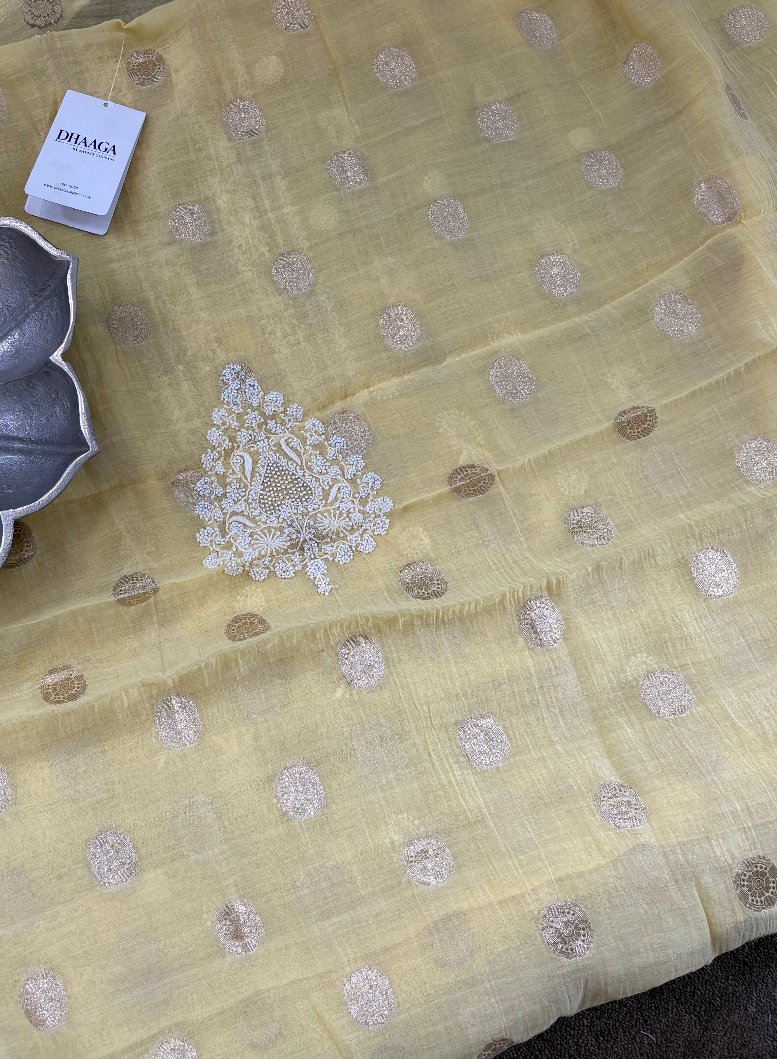 Yellow mul chanderi chikankari mens kurta