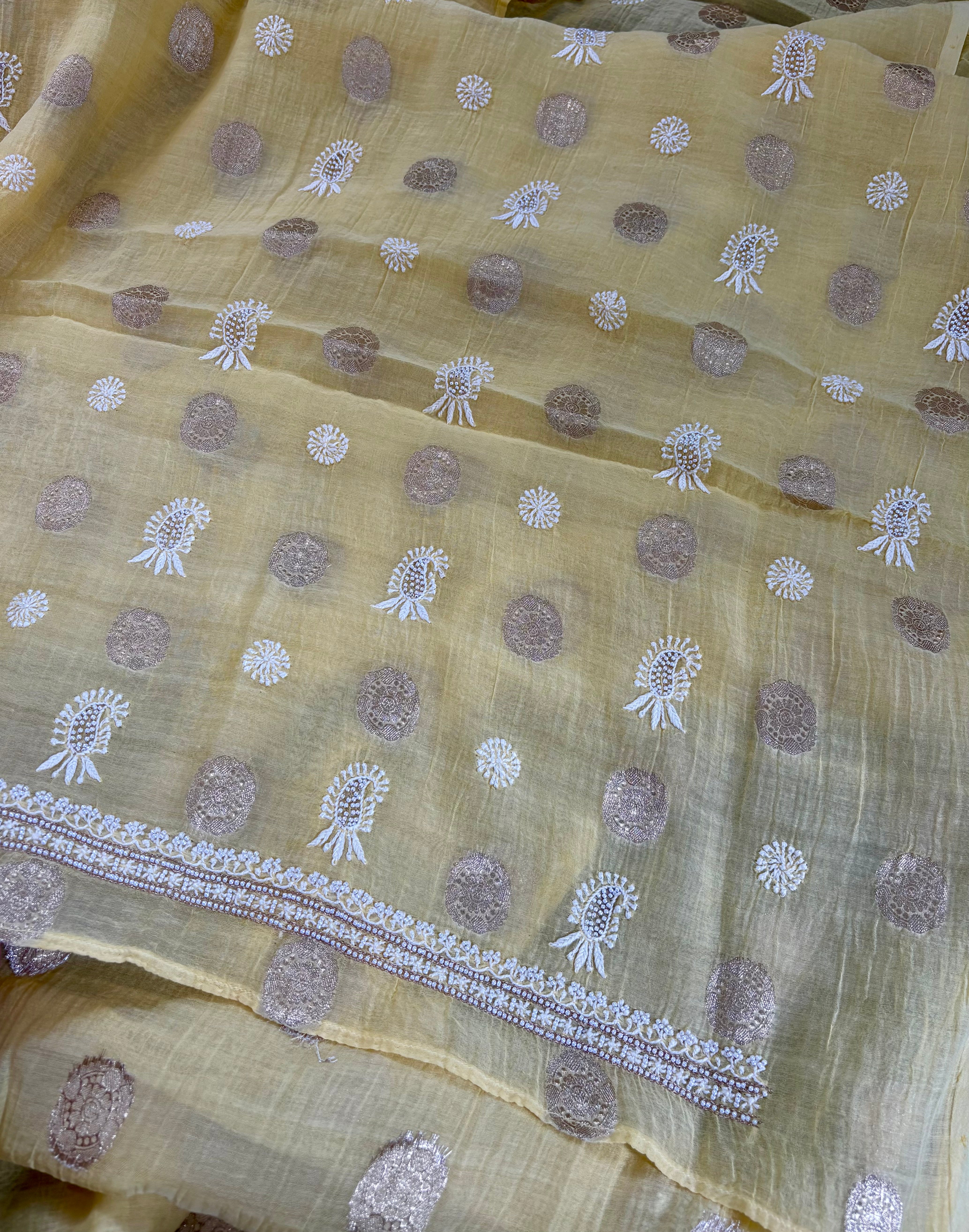 Yellow mul chanderi chikankari mens kurta