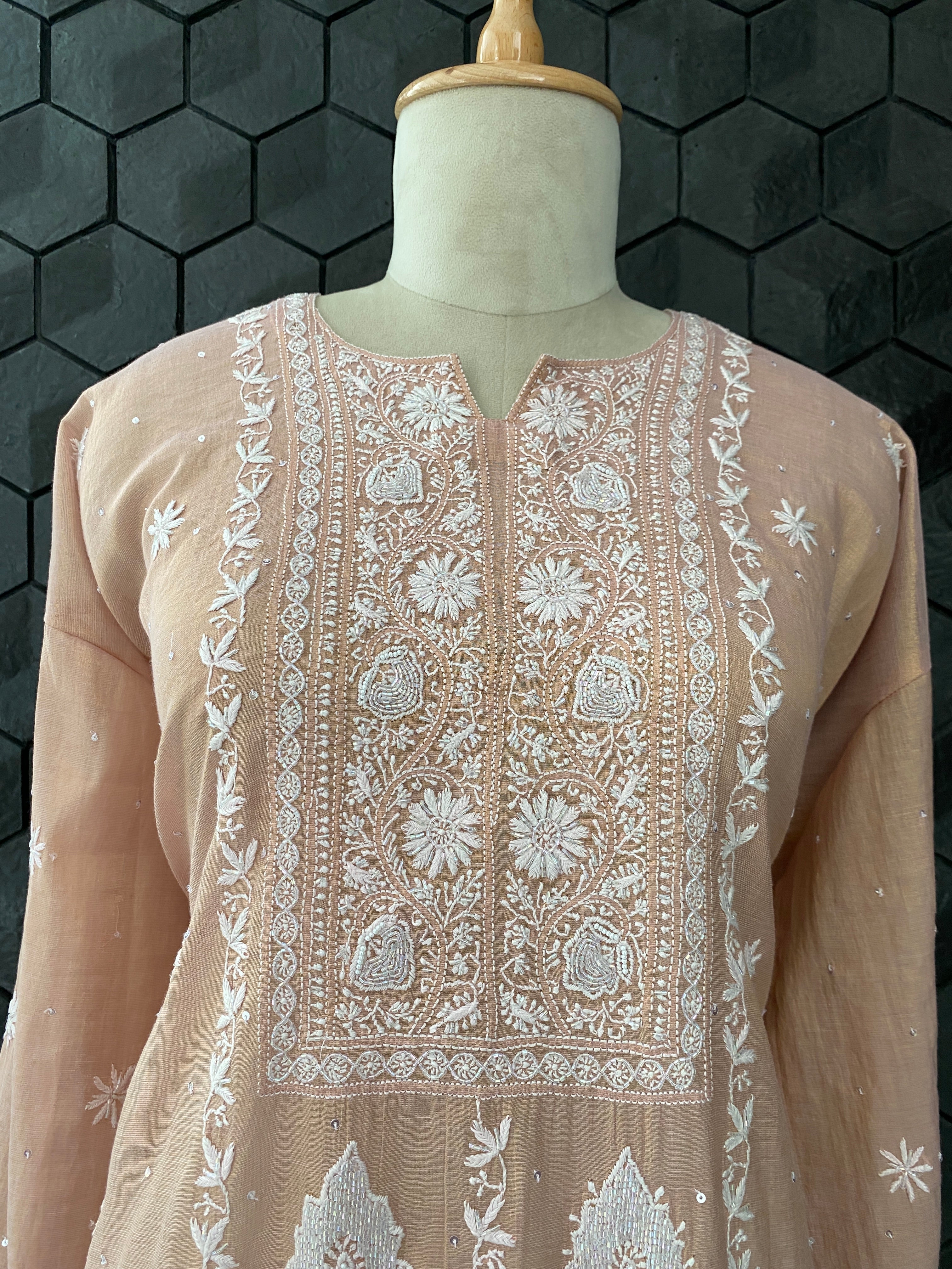 Pink Golden Tissue Chikankari Straight Kurta Set