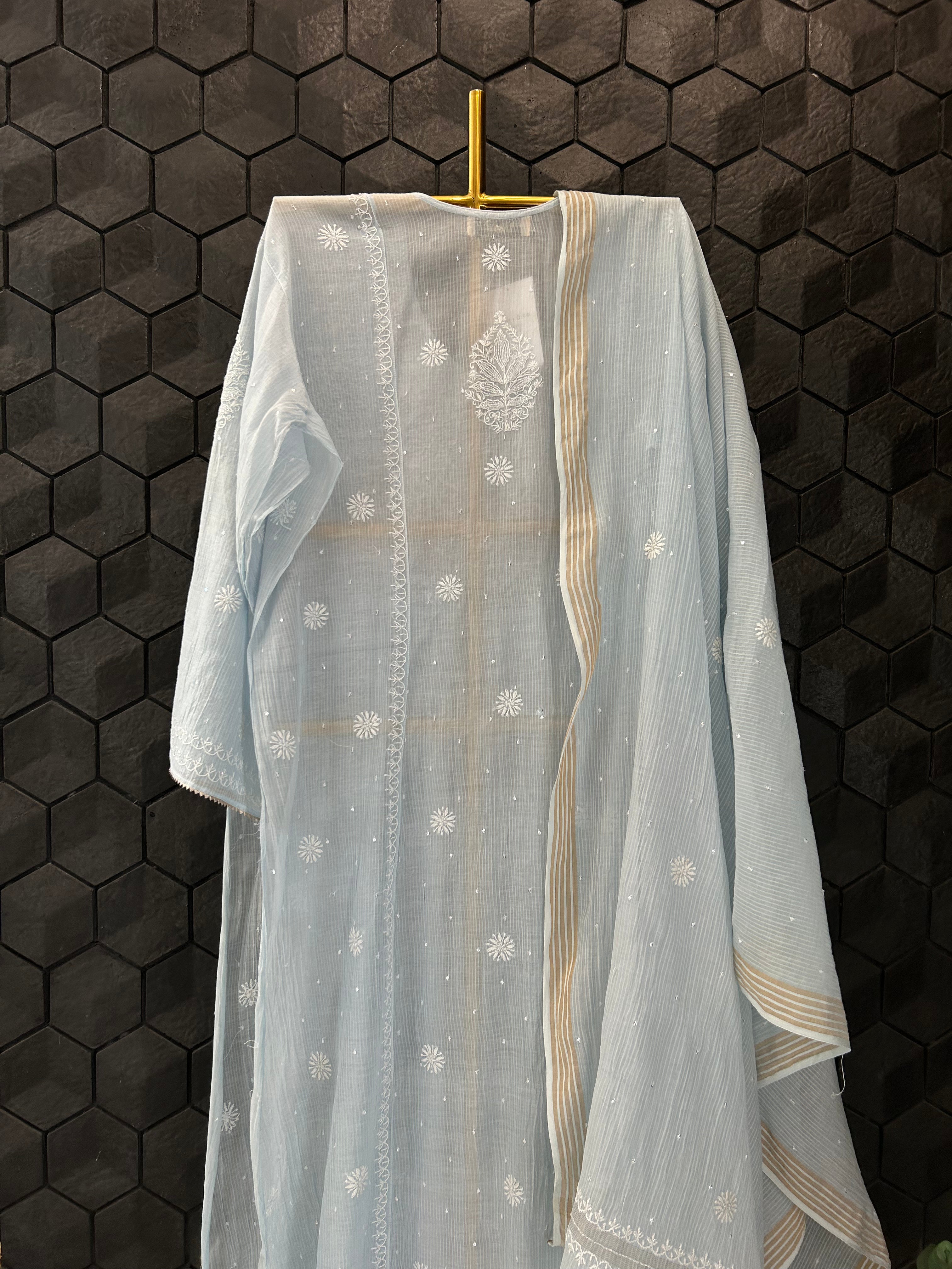 Sky Blue Maheswari Chikankari Kurta Set