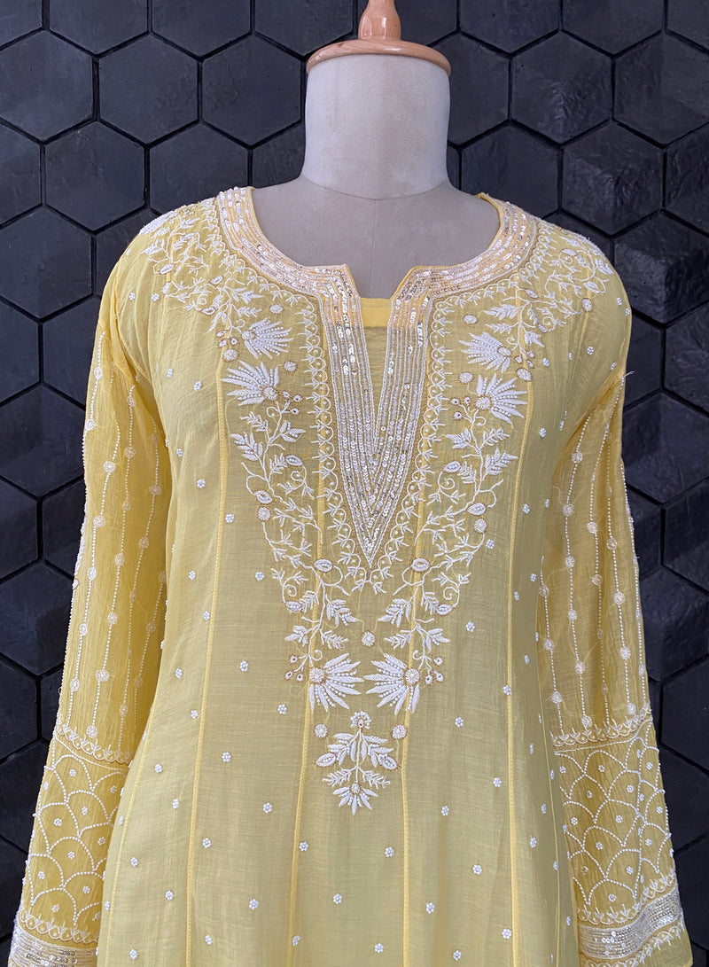 Yellow Mul Chanderi Chikankari Anarakali Set