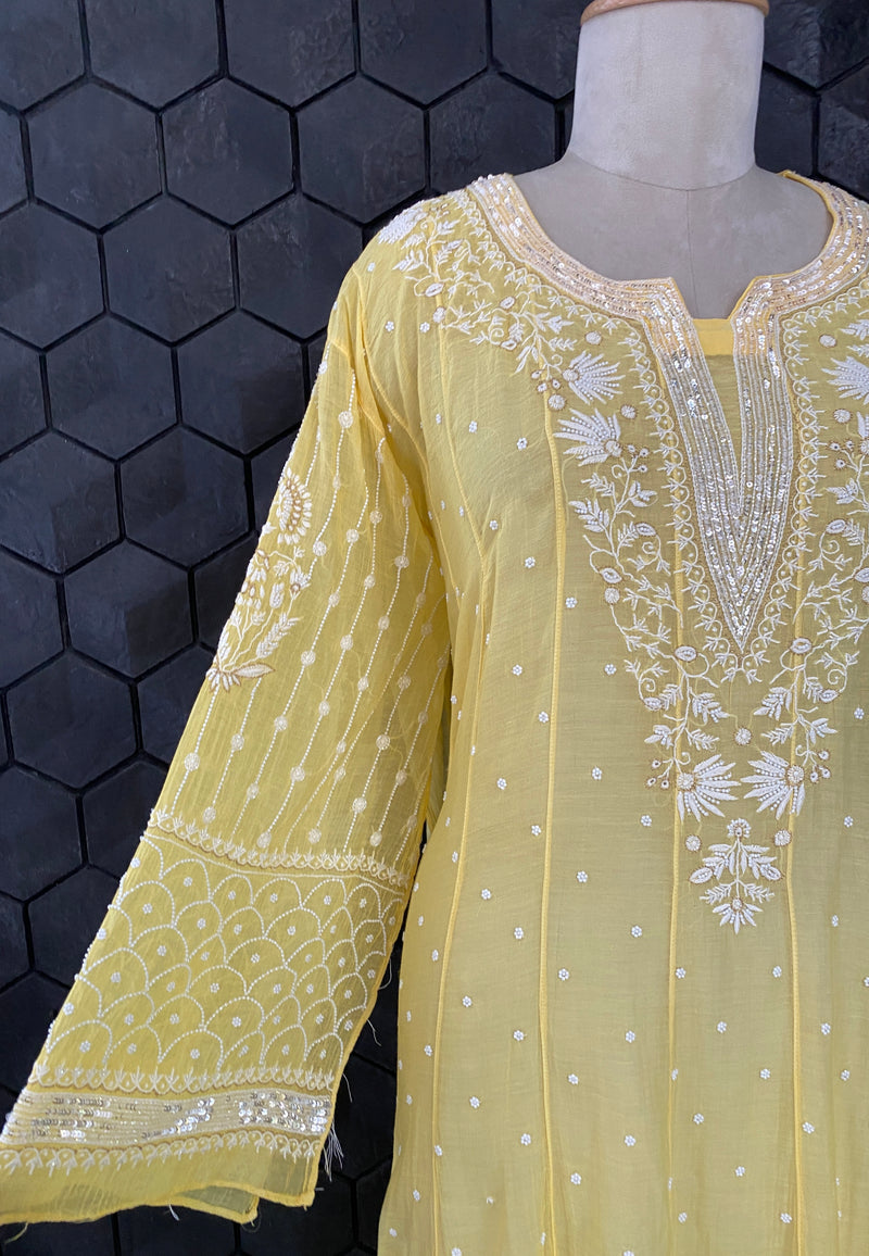 Yellow Mul Chanderi Chikankari Anarakali Set