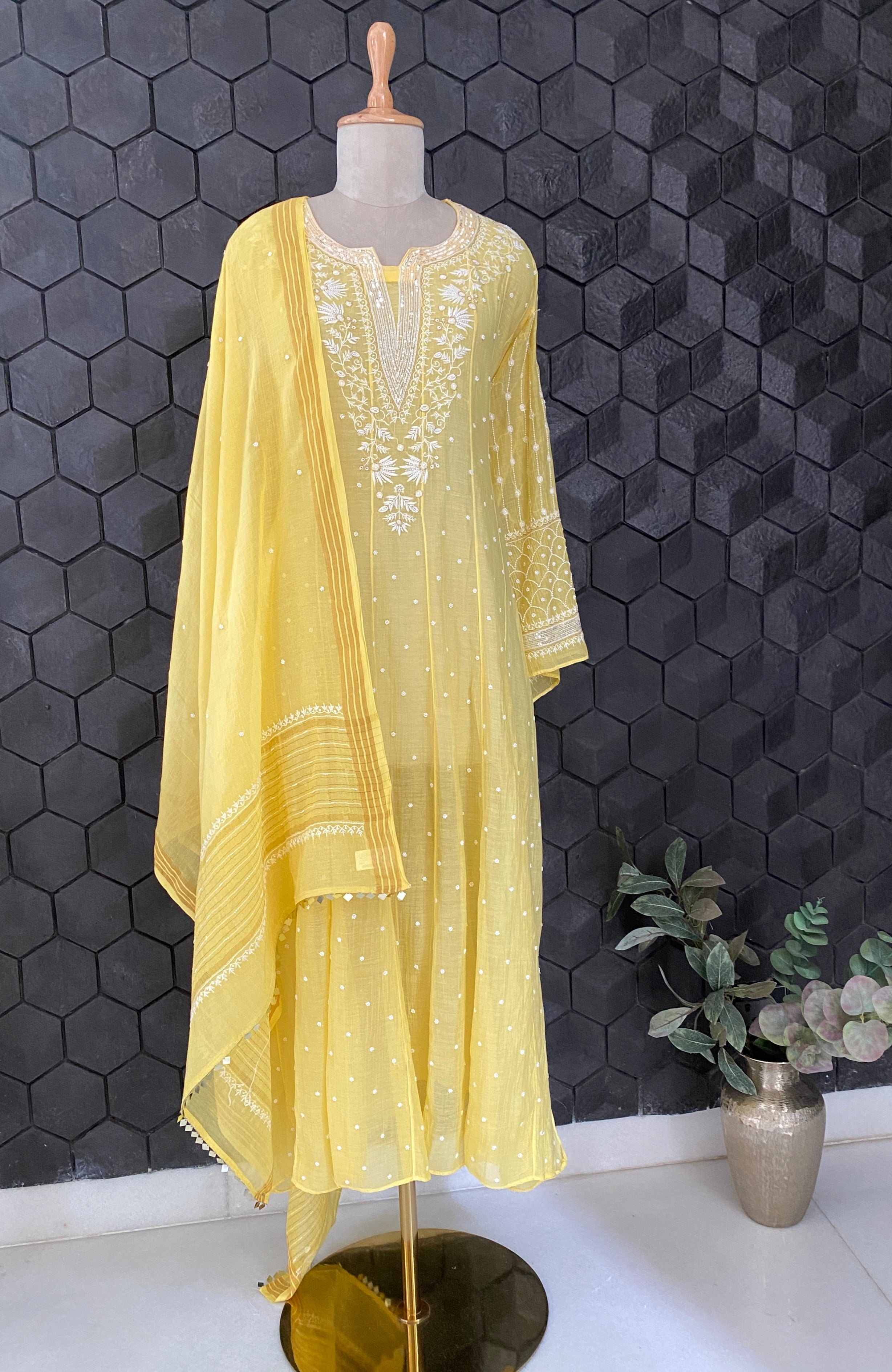 Yellow Mul Chanderi Chikankari Anarakali Set