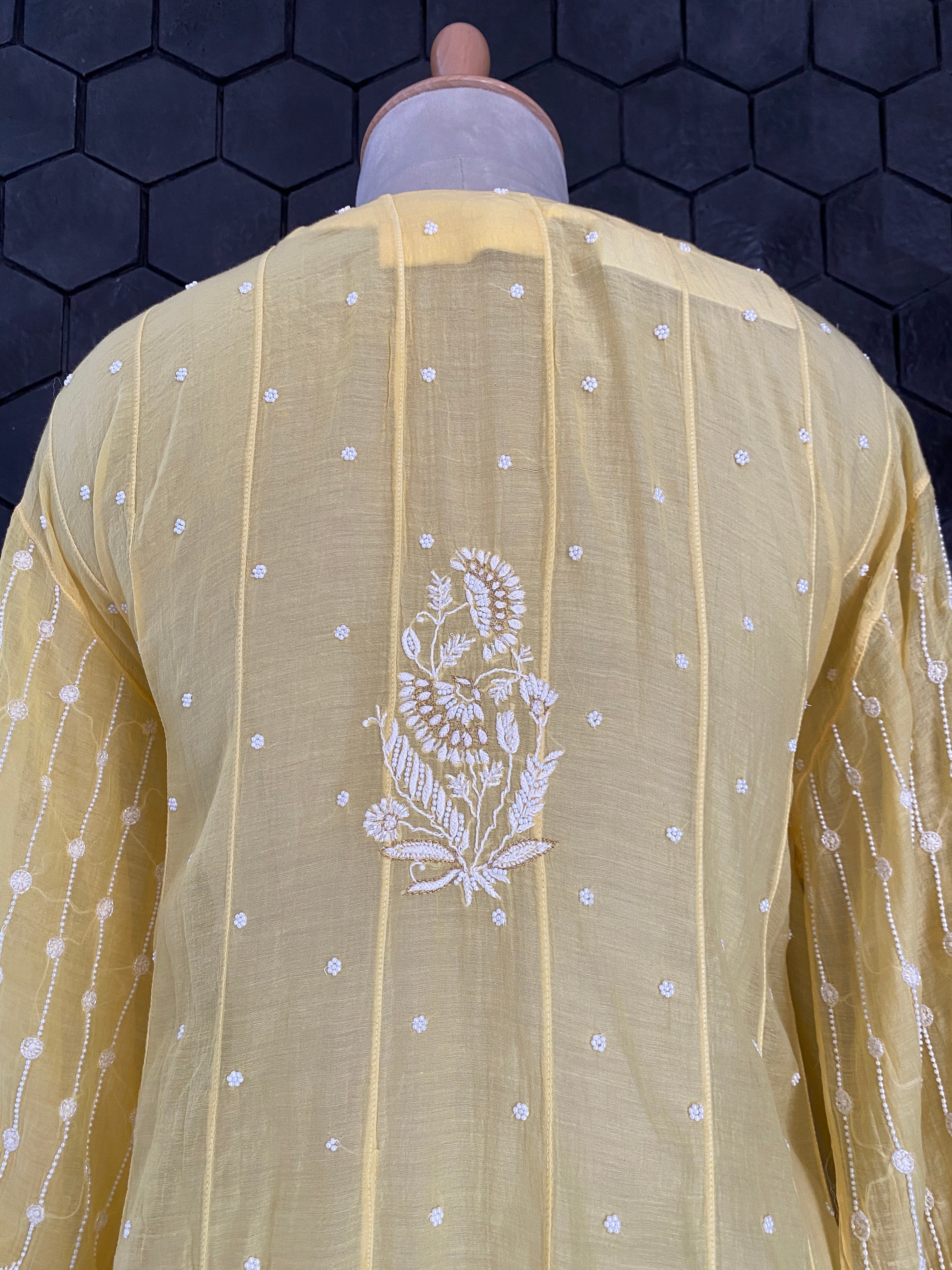 Yellow Mul Chanderi Chikankari Anarakali Set