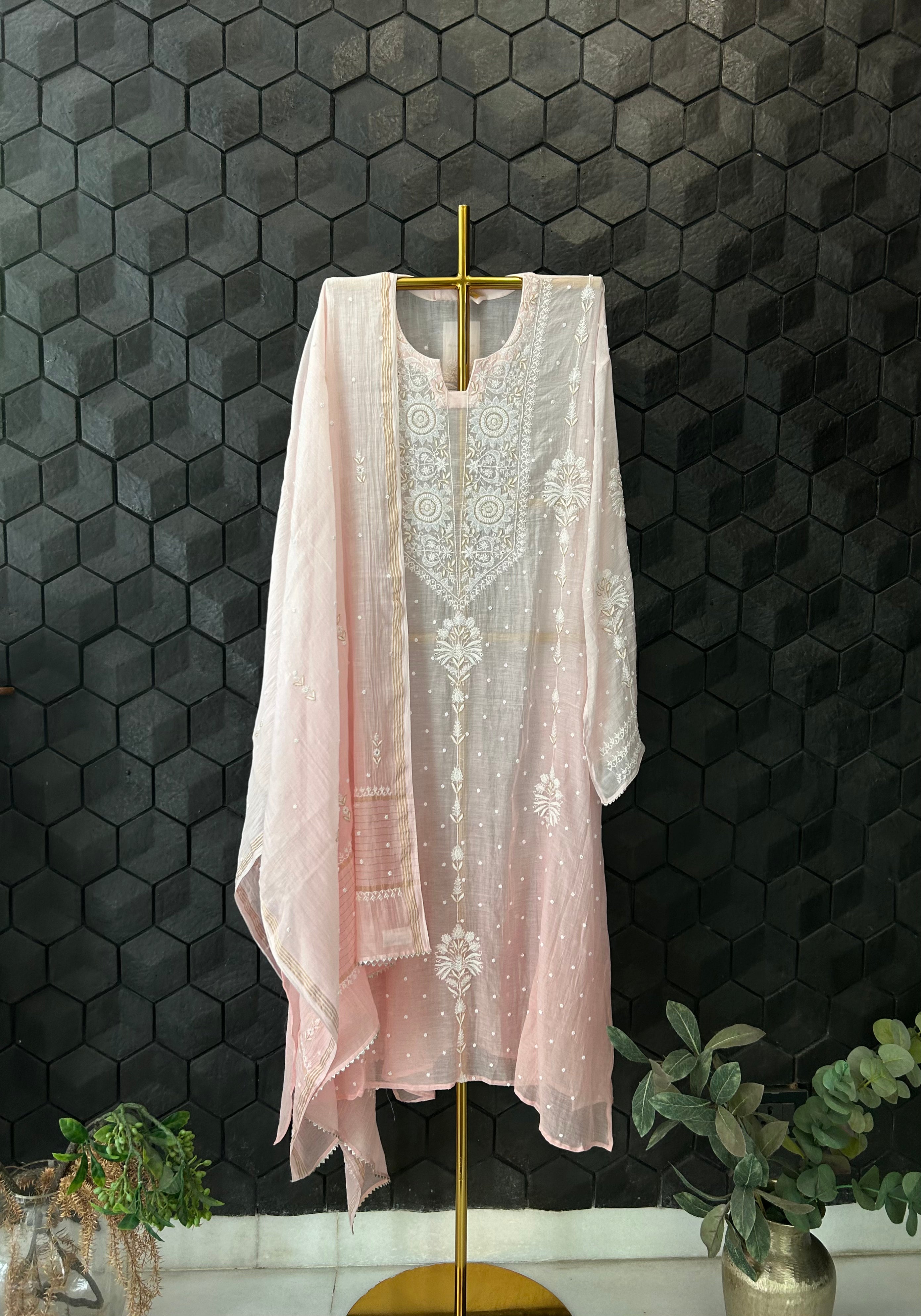 Pink Mul Chanderi Chikankari Kurta Set