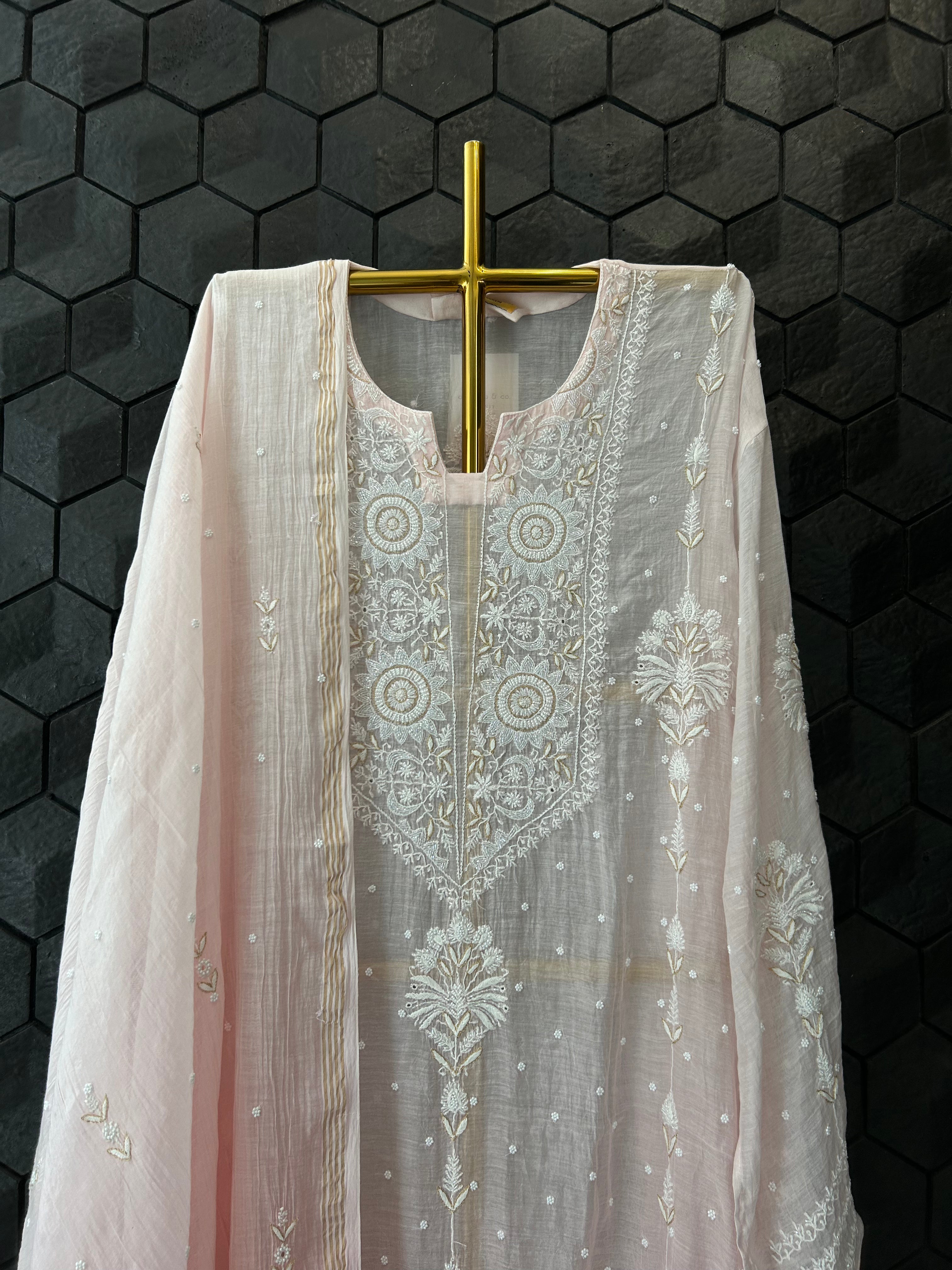 Pink Mul Chanderi Chikankari Kurta Set