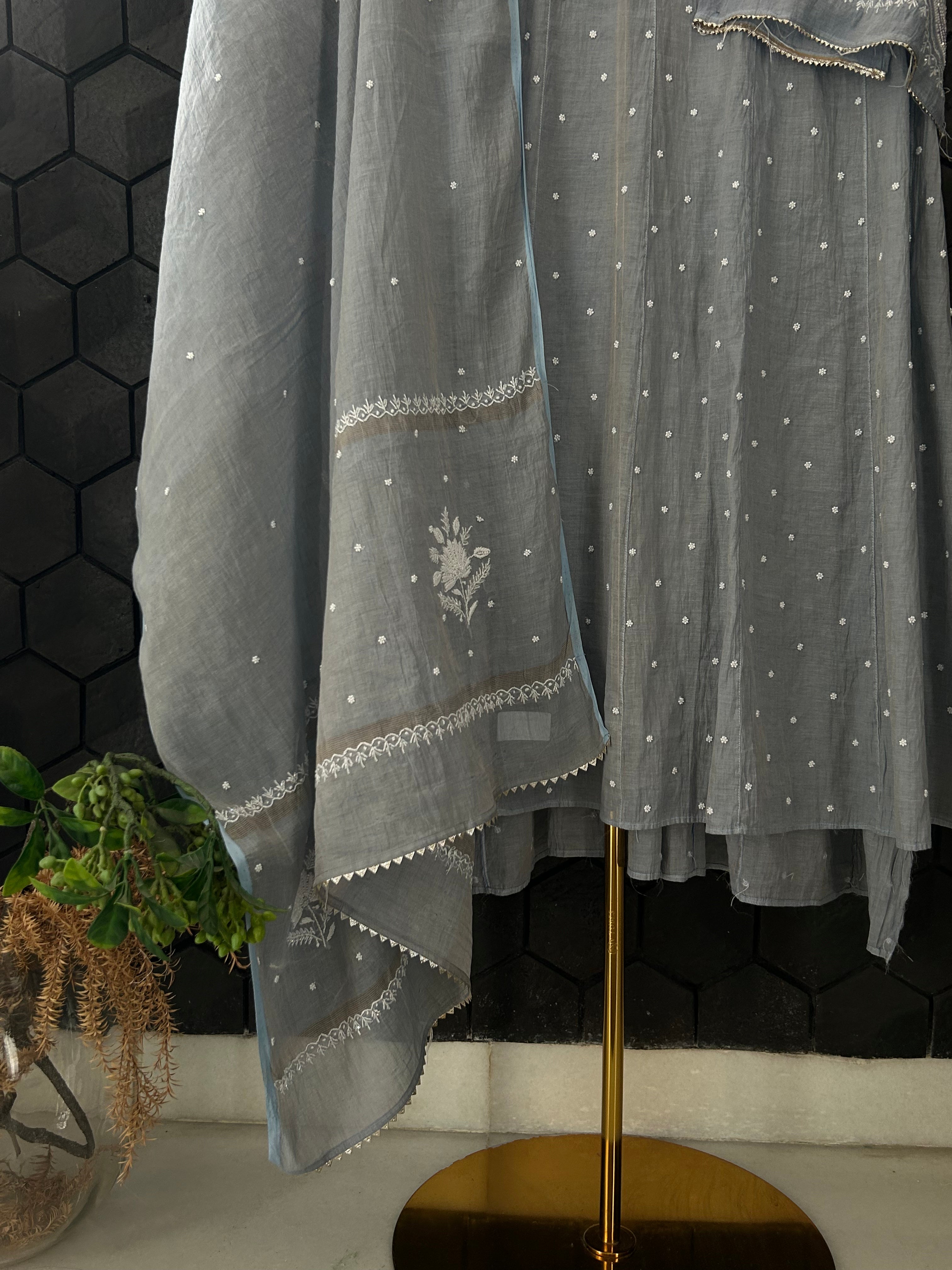 Grey Tissue Chikankari Anarkali Set