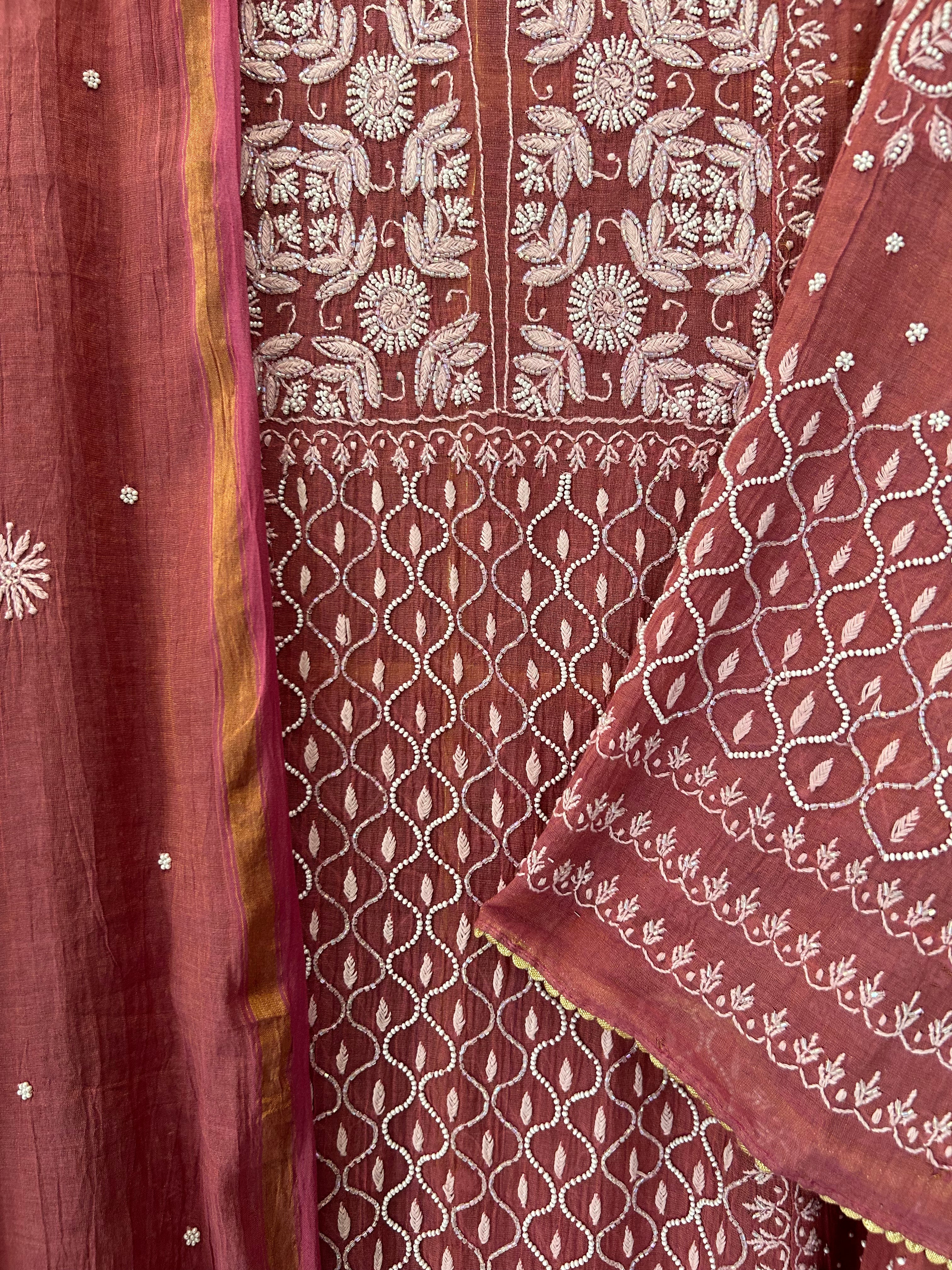 Magenta Tissue Chikankari Kurta Set