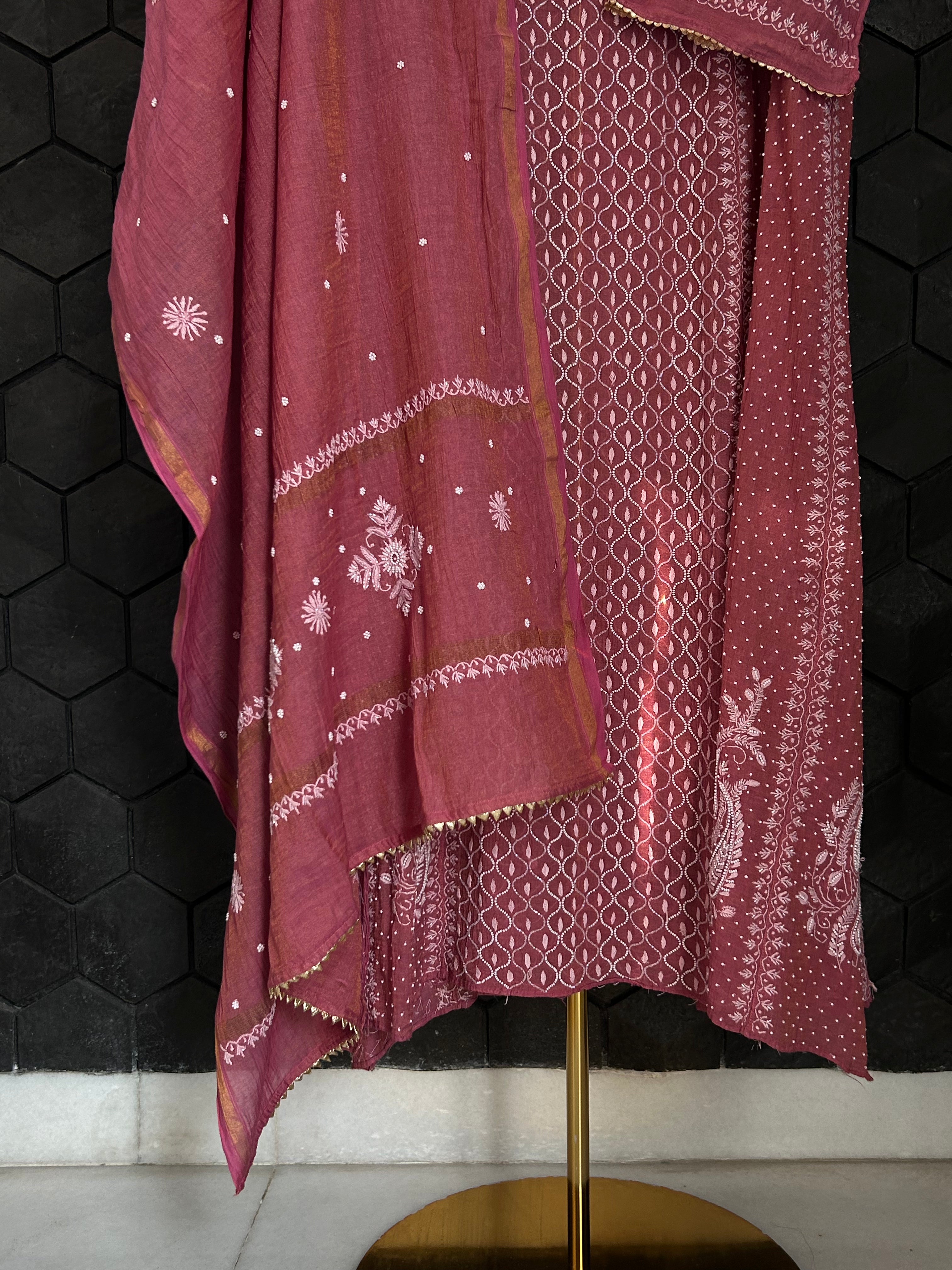 Magenta Tissue Chikankari Kurta Set