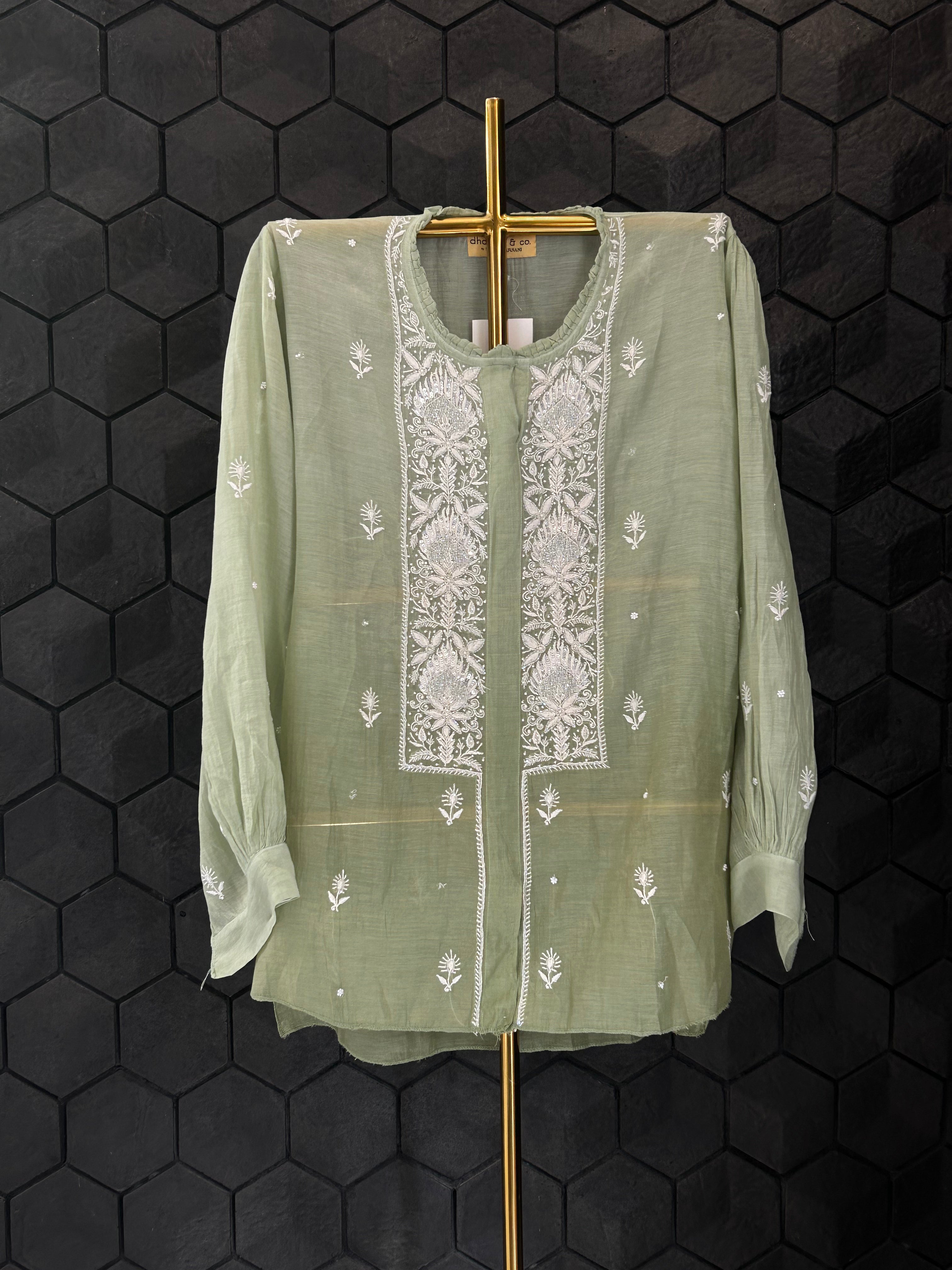 Green Mul Chanderi Chikankari Shirt