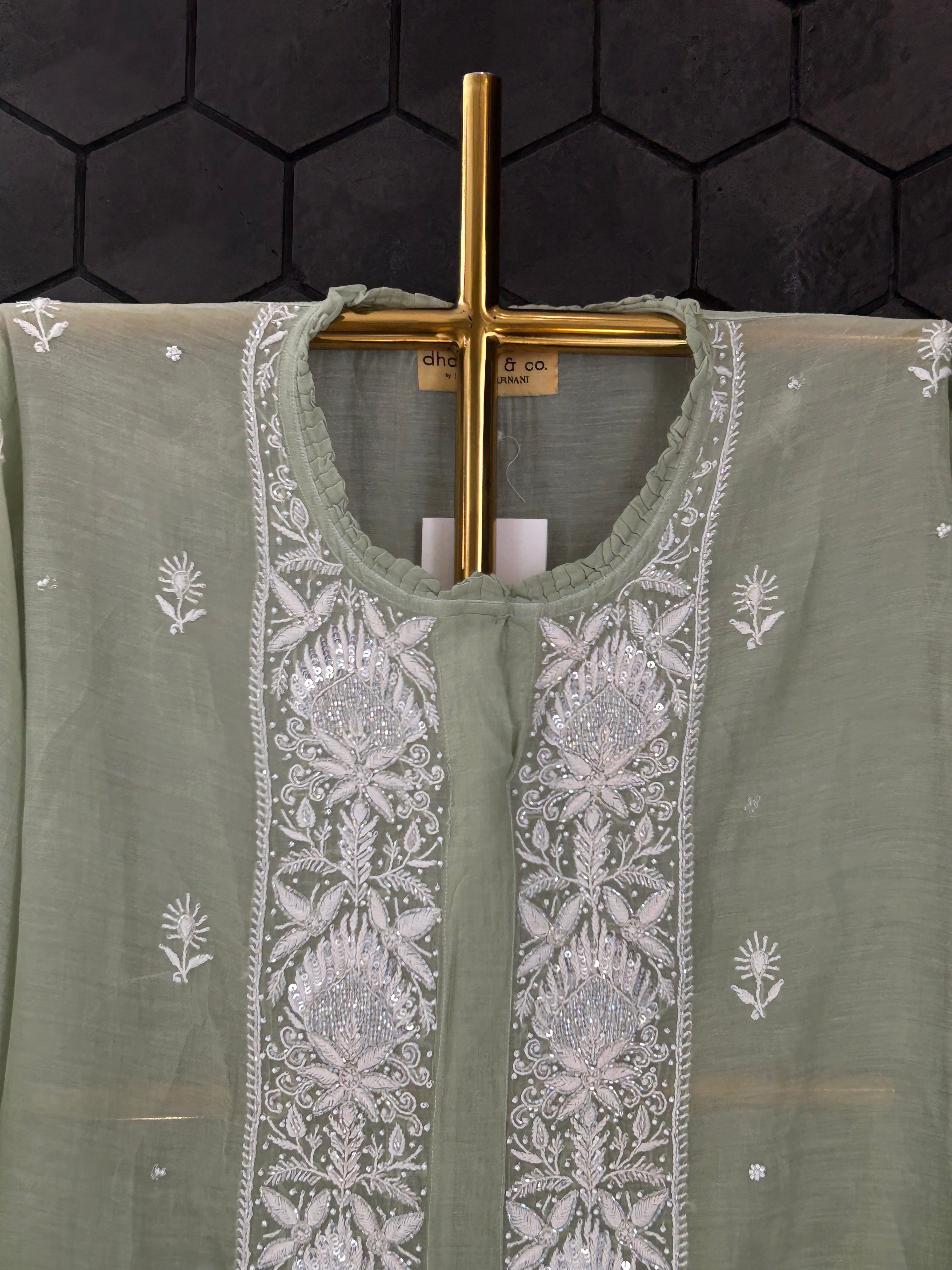 Green Mul Chanderi Chikankari Shirt