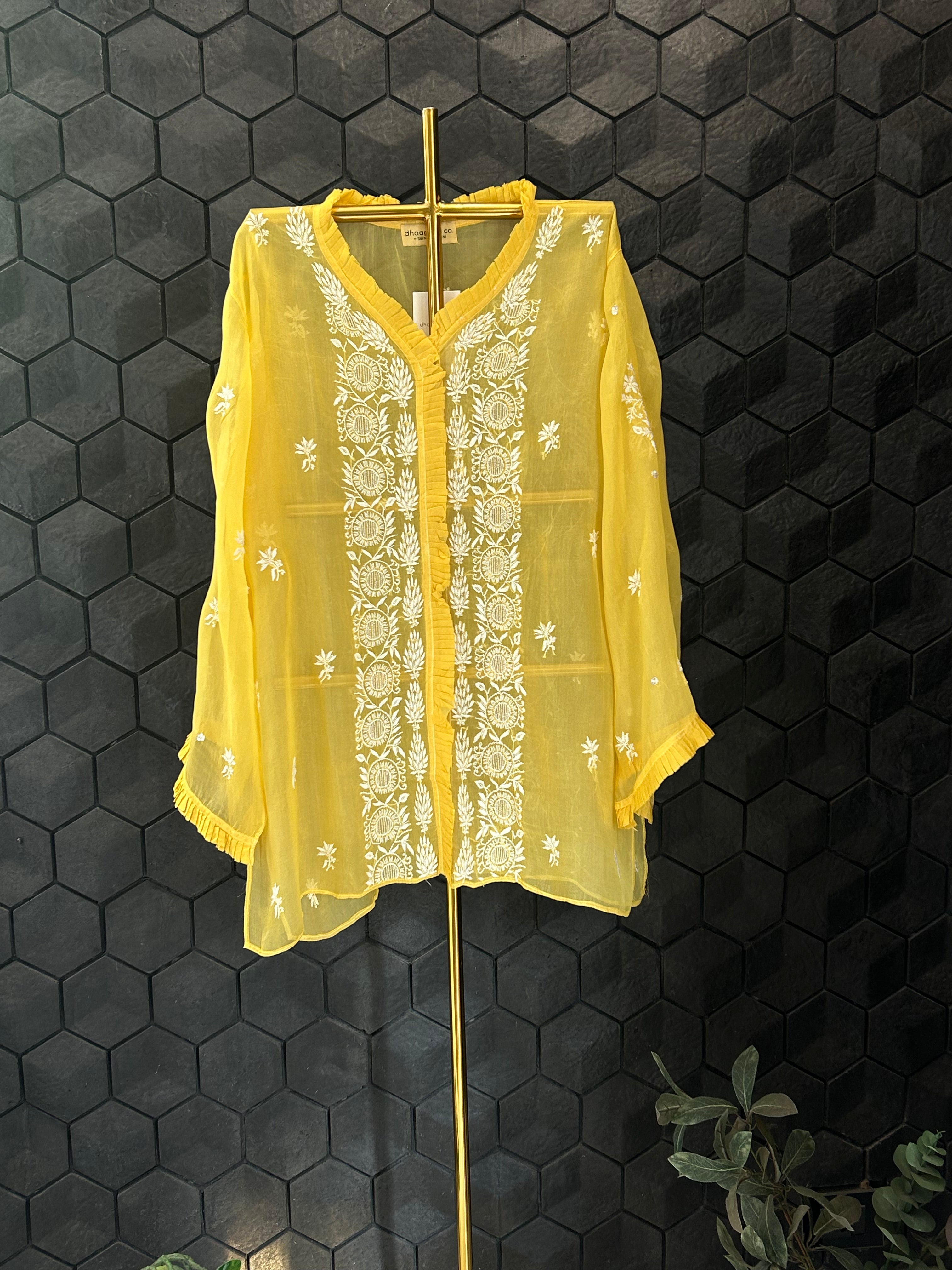 Yellow Organza Chikankari Shirt