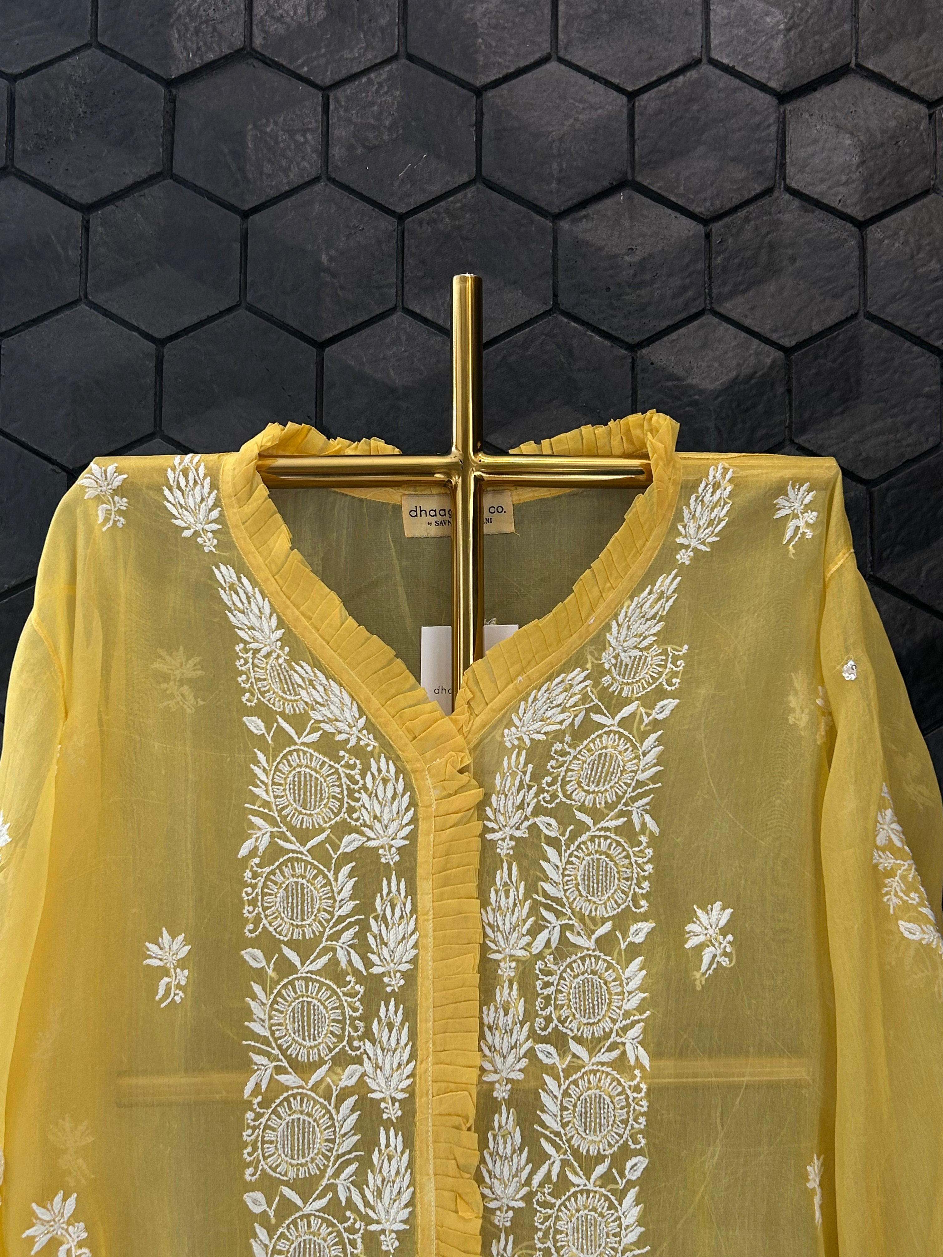 Yellow Organza Chikankari Shirt