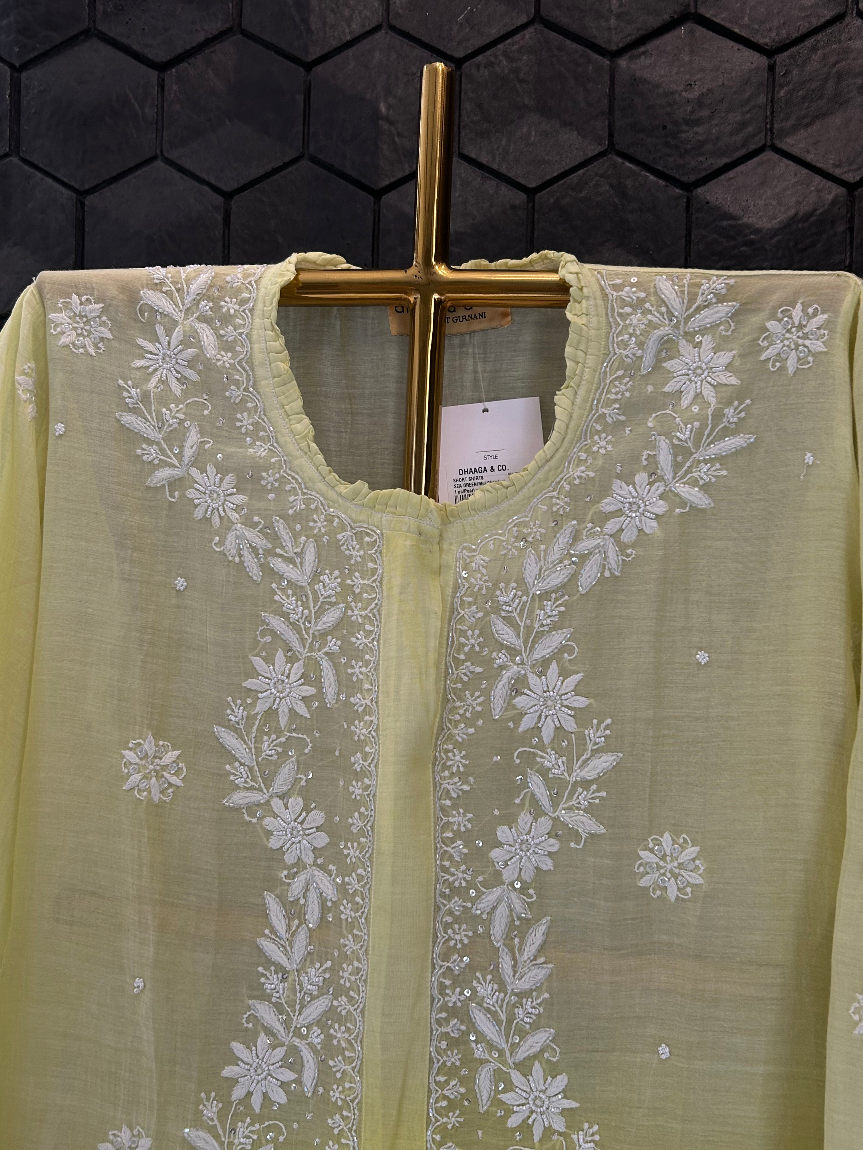 Lime Green Ombre Mul Chanderi Chikankari Shirt