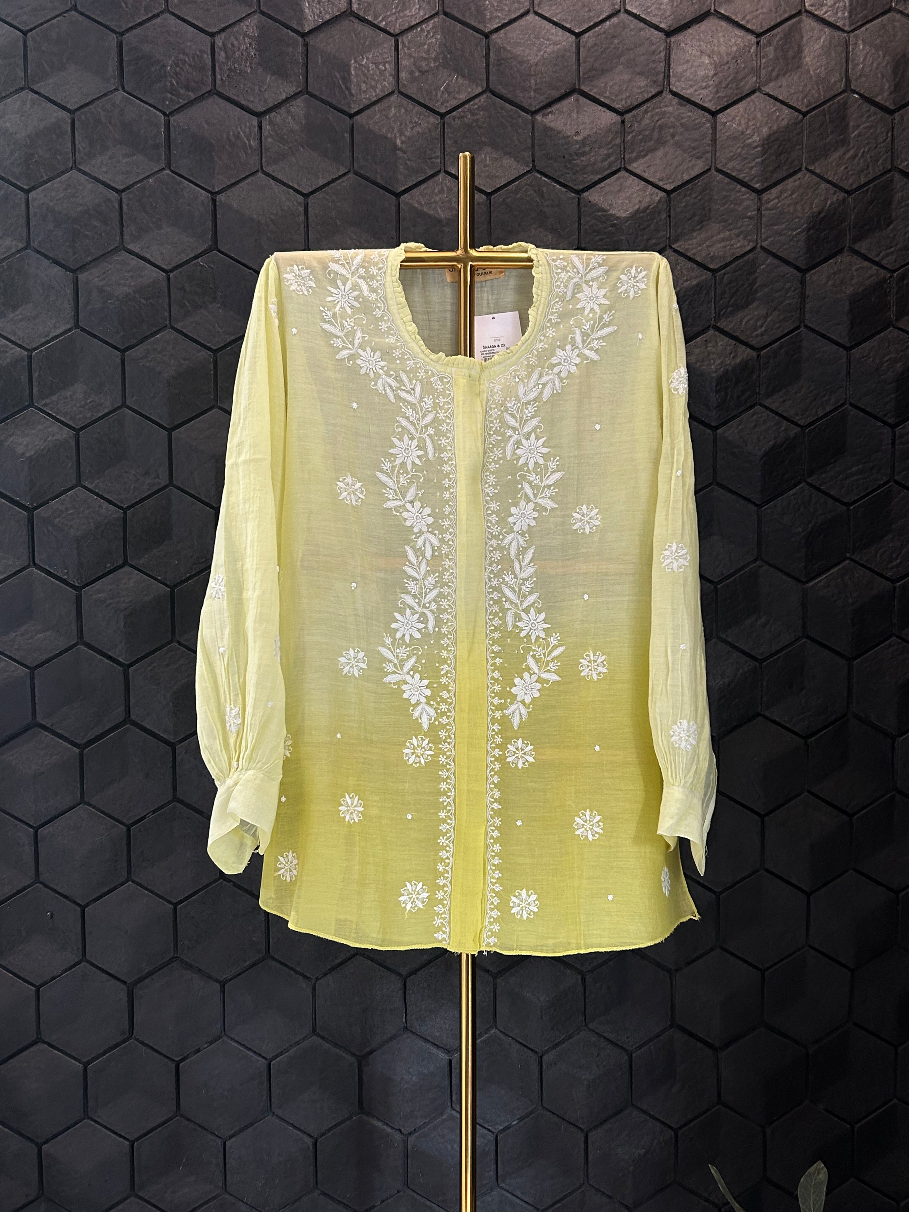 Lime Green Ombre Mul Chanderi Chikankari Shirt