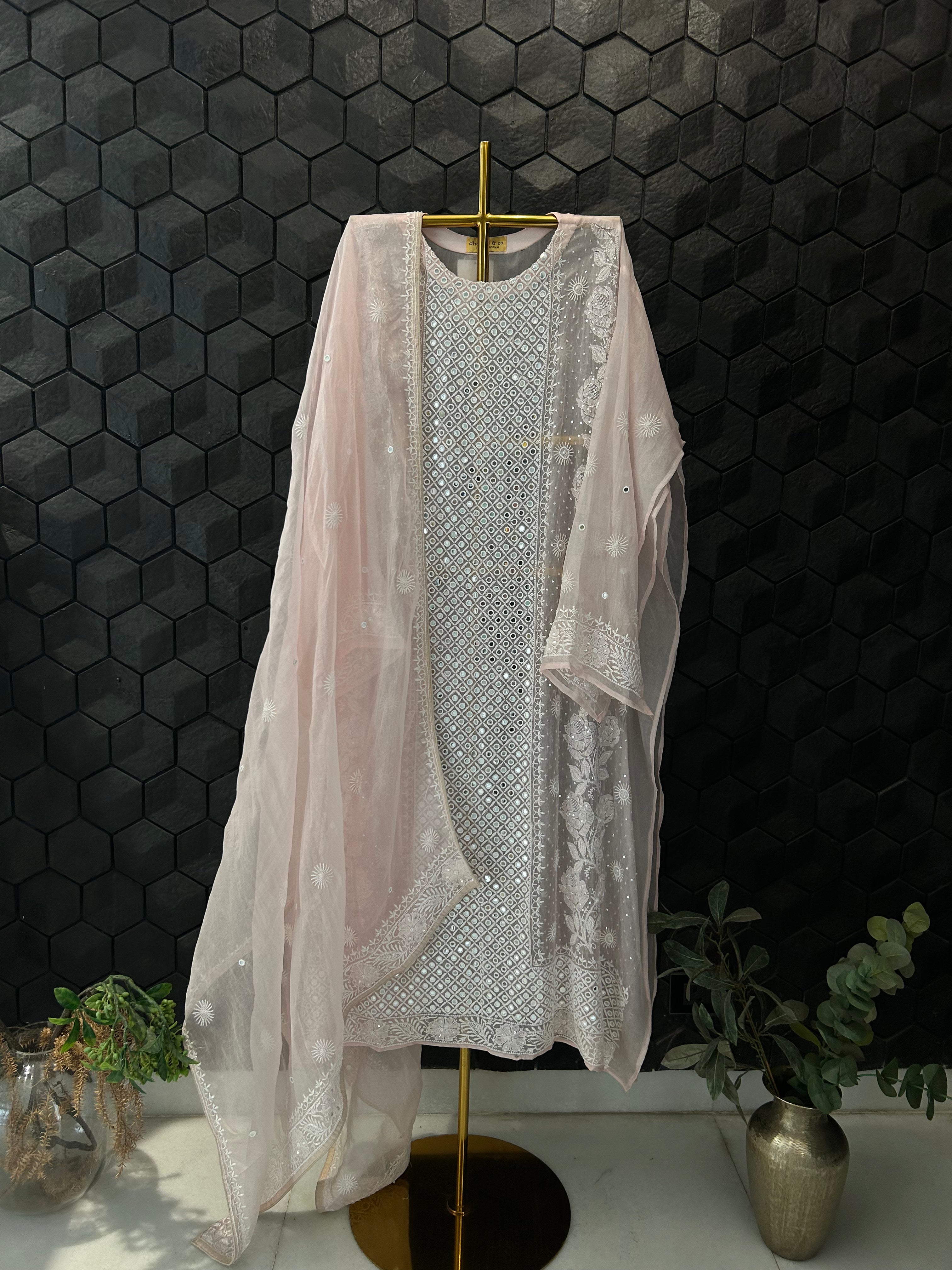 Pink Organza Chikankari Kurta Set