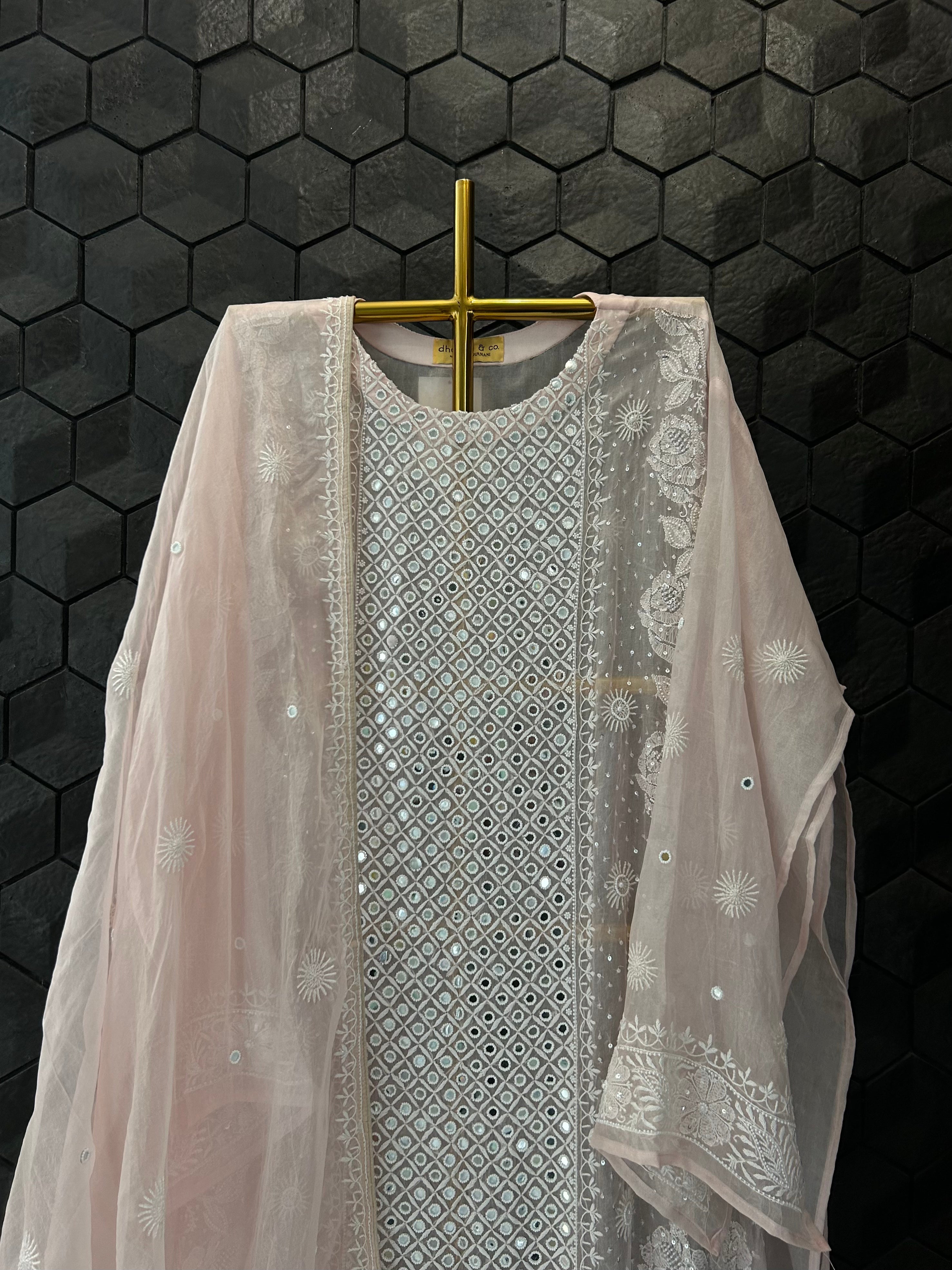 Pink Organza Chikankari Kurta Set