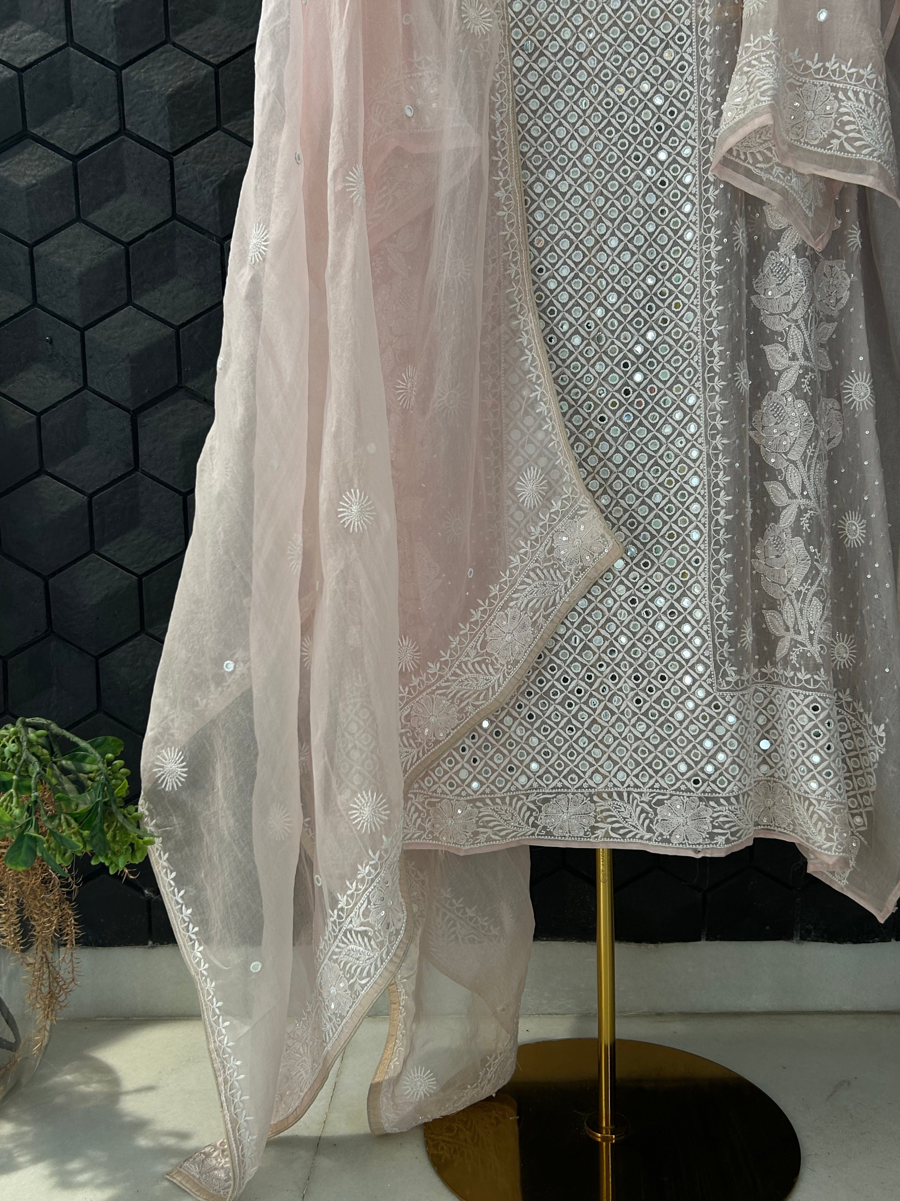 Pink Organza Chikankari Kurta Set