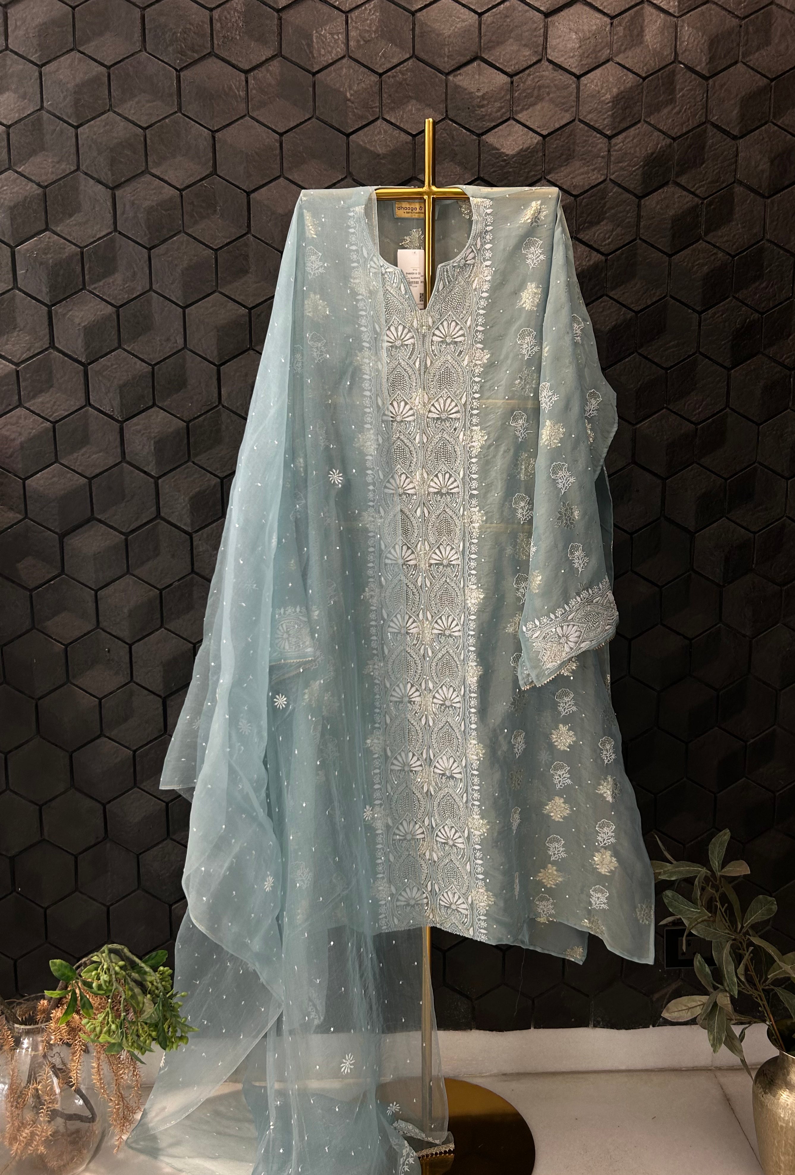 Turquoise Blue Shimmer Organza Chikankari Kurta Set