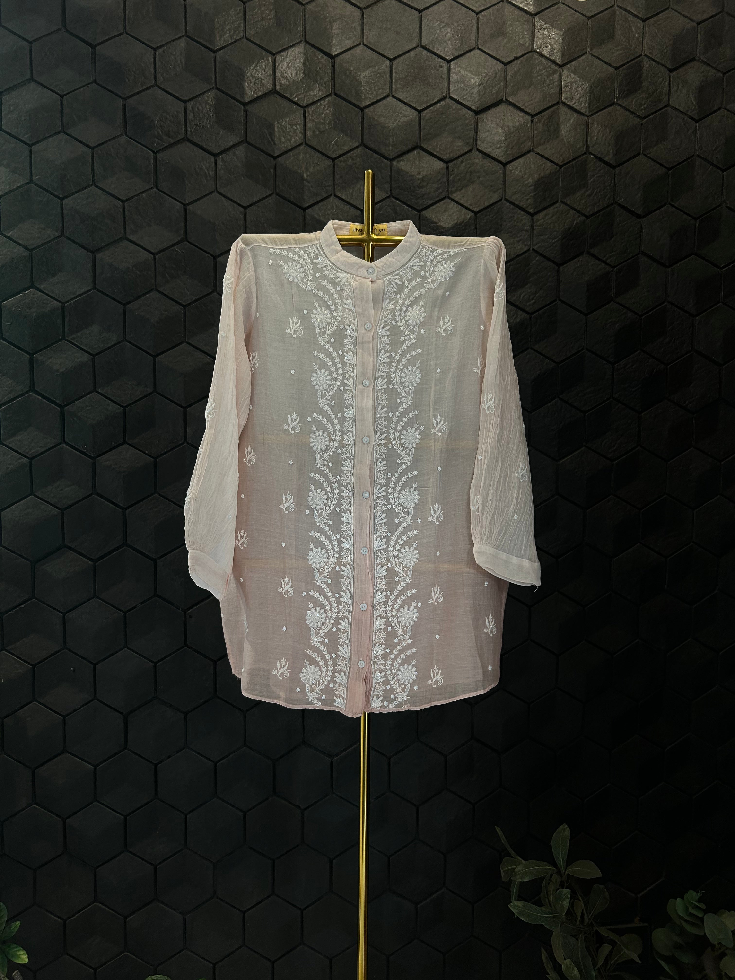 Pink  Ombre Mul Chanderi Chikankari Shirt